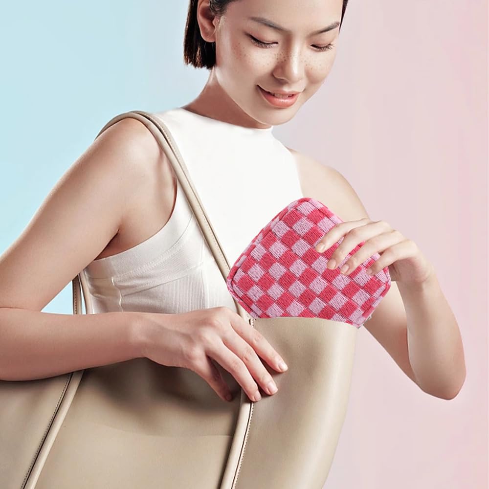 FFpaw Small Pink Makeup Bag for Purse, Mini Checkered Cosmetic Bag Zipper Cute Make Up Pouch Travel Toiletry Case Quilted Aesthetic Accessories Makeup Storage Bag Organizer for Women Girls
