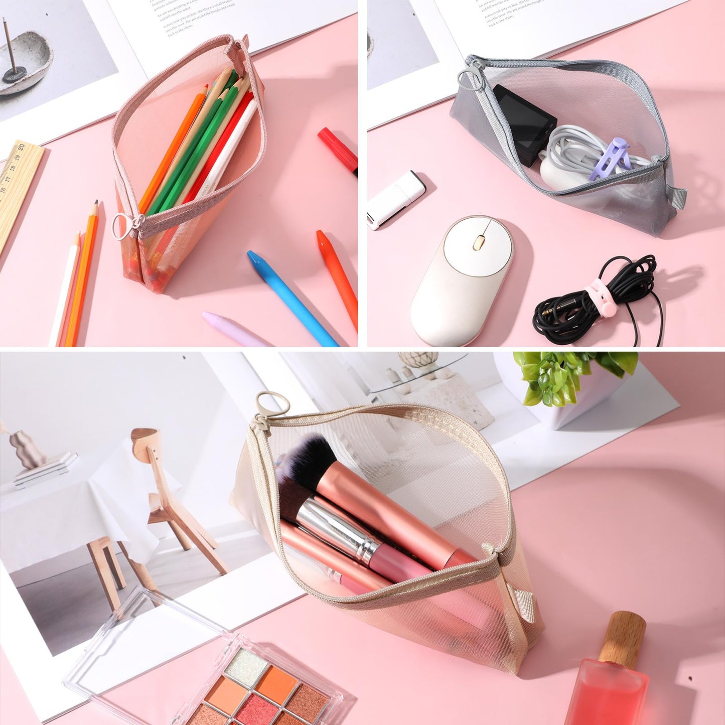 Fibraze 3 PCS Makeup Brush Pouch, Mesh Makeup Bag, Nylon Zipper Pouch, Mesh Makeups Brush Bag, Portable Clear Travel Cosmetic Bags, Small Organizer for Home Office Accessories