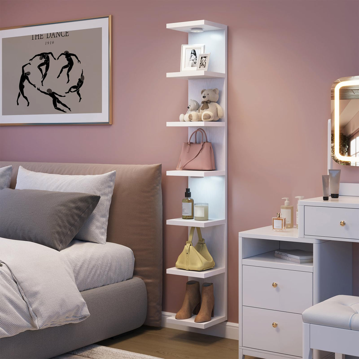Fixwal 7 Tier Wall Shelf with LED Lights Lack Shelf for Room Deocr (White)