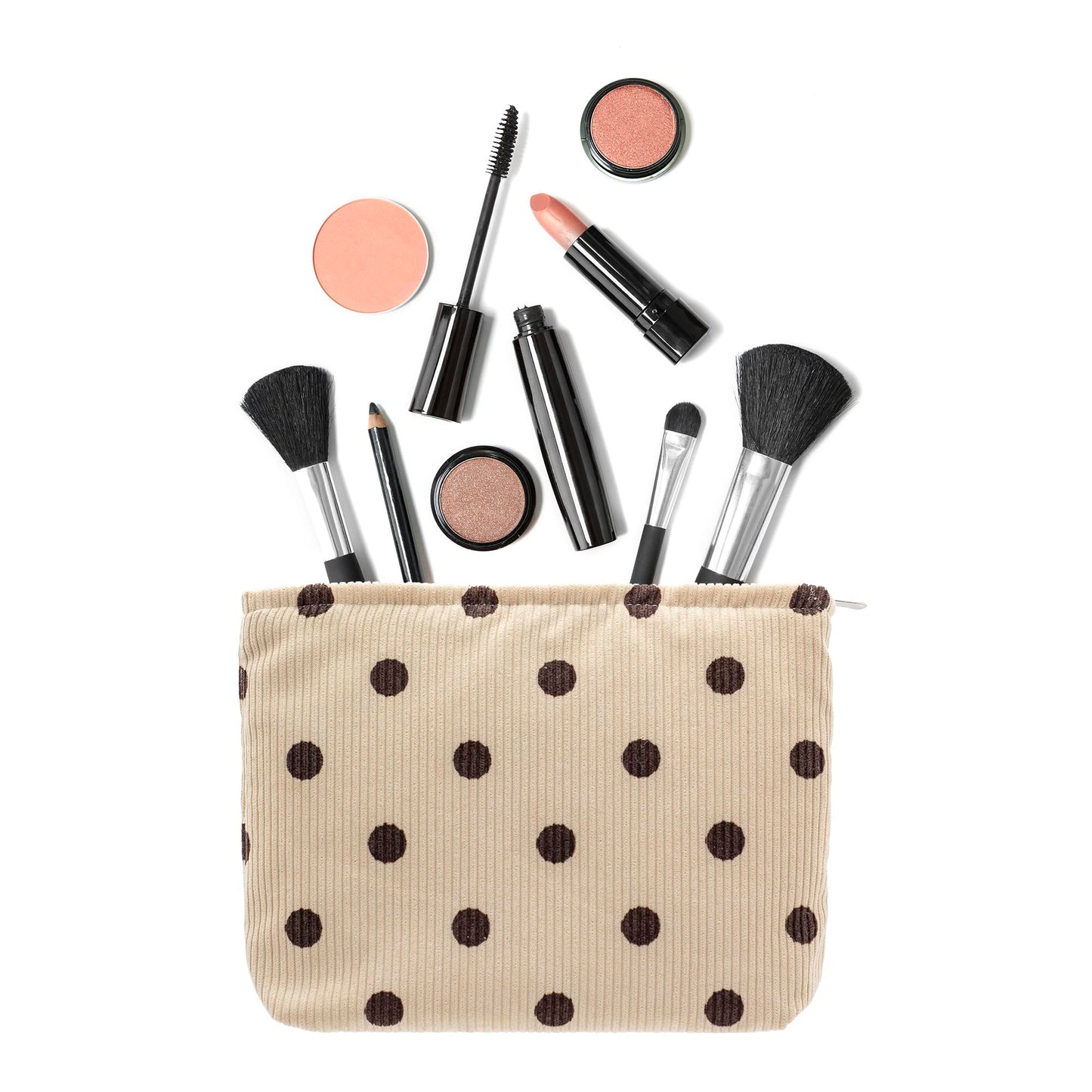 Flat Makeup Bag for Women,Zipper Cosmetic Pouch for Purse,Polka Dot Beige