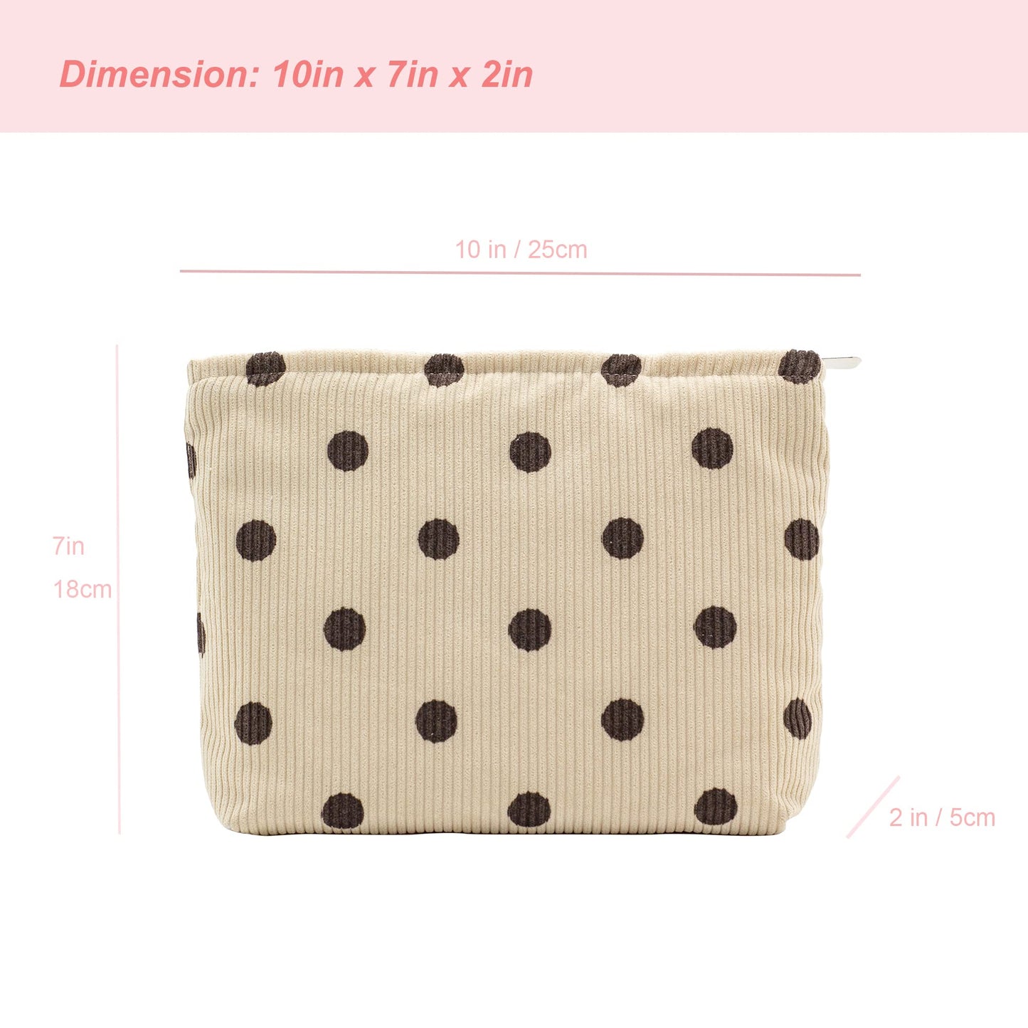 Flat Makeup Bag for Women,Zipper Cosmetic Pouch for Purse,Polka Dot Beige