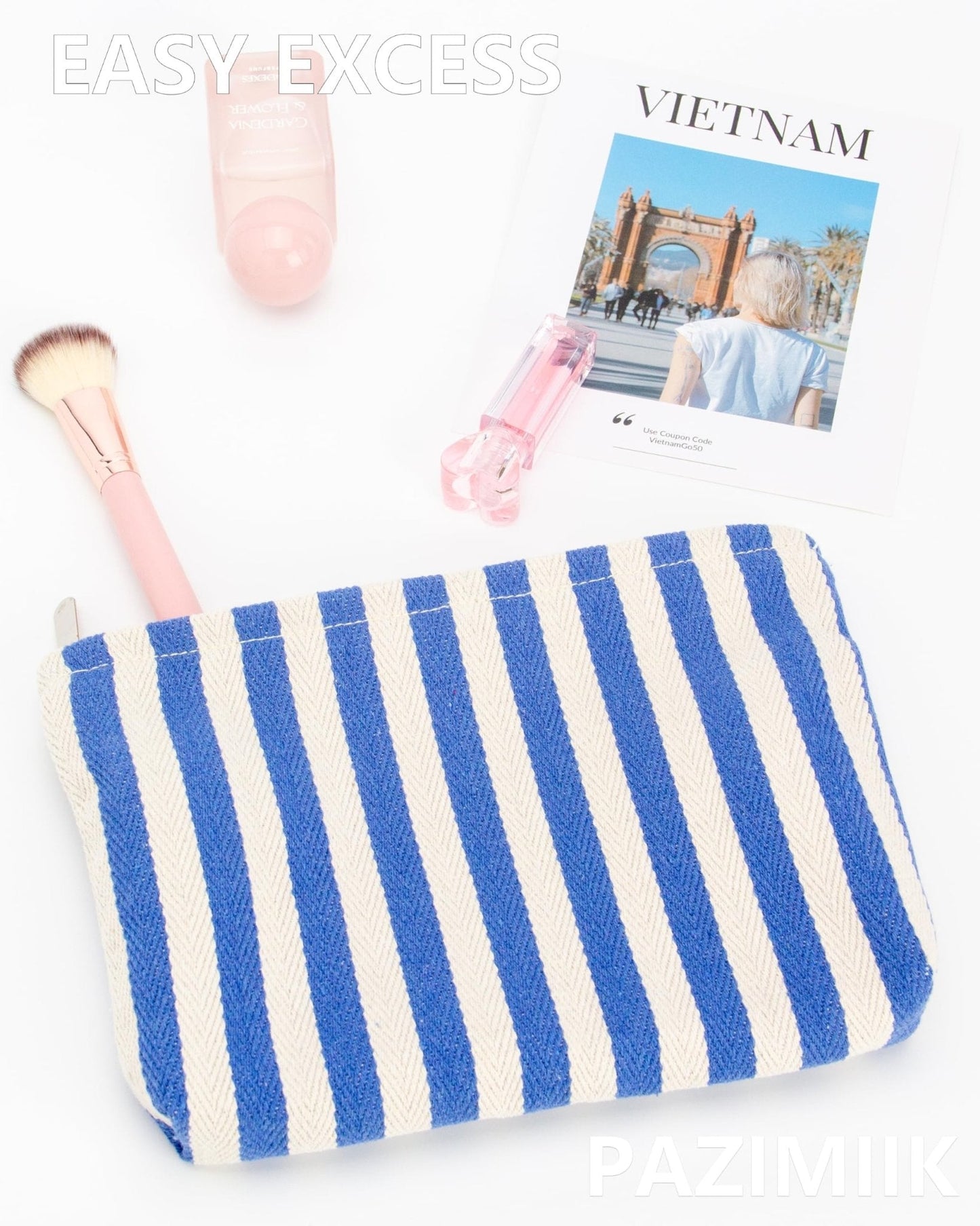 Flat Makeup Bag for Women,Zipper Cosmetic Pouch for Purse,Stripe Blue