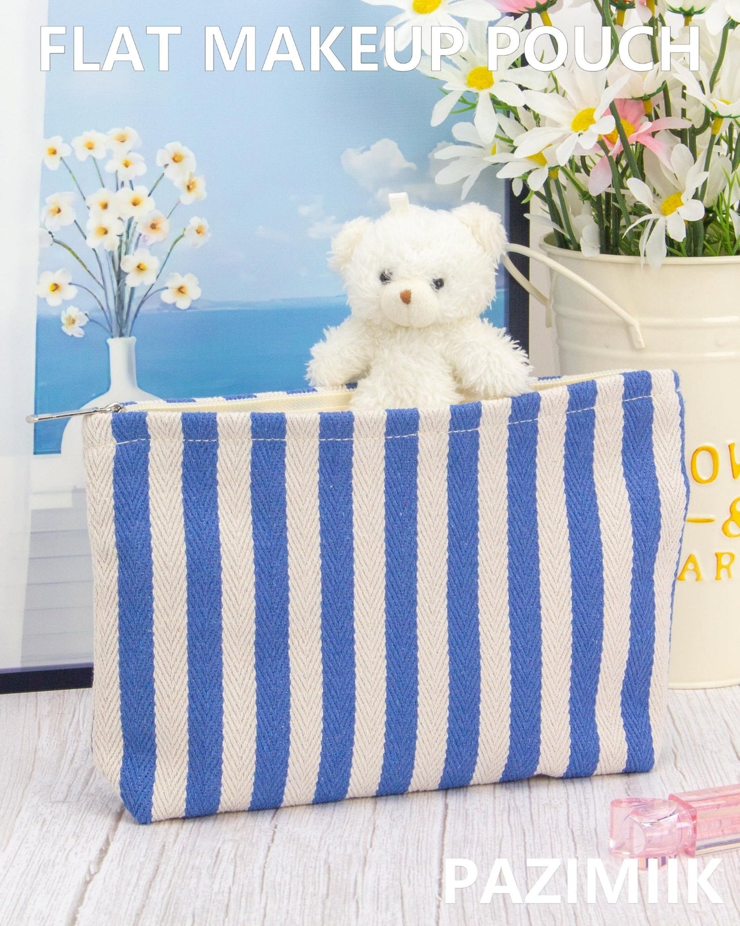 Flat Makeup Bag for Women,Zipper Cosmetic Pouch for Purse,Stripe Blue