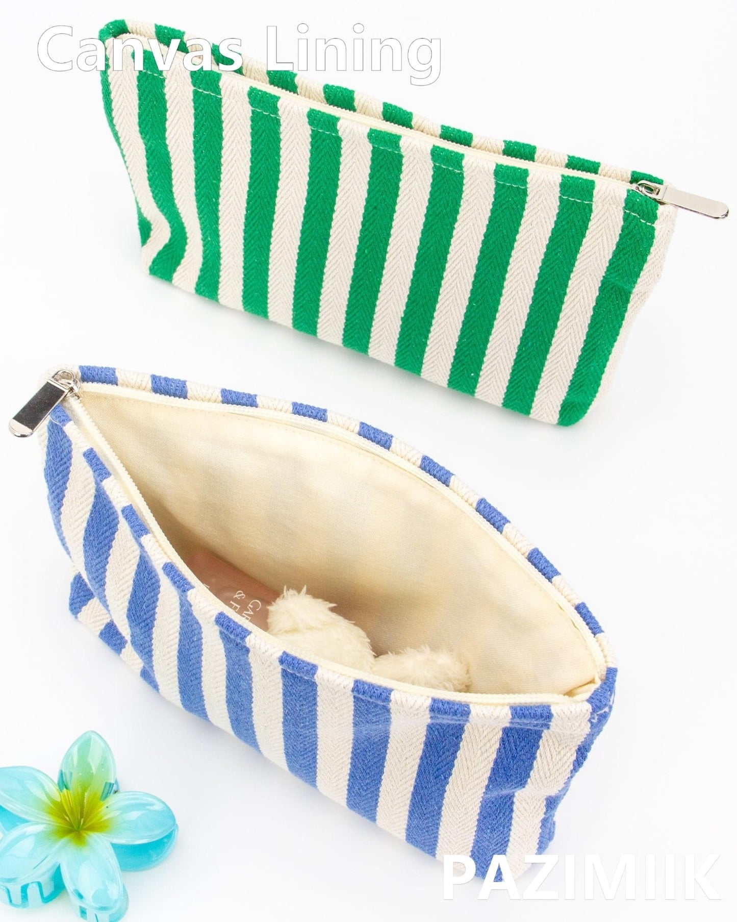 Flat Makeup Bag for Women,Zipper Cosmetic Pouch for Purse,Stripe Blue