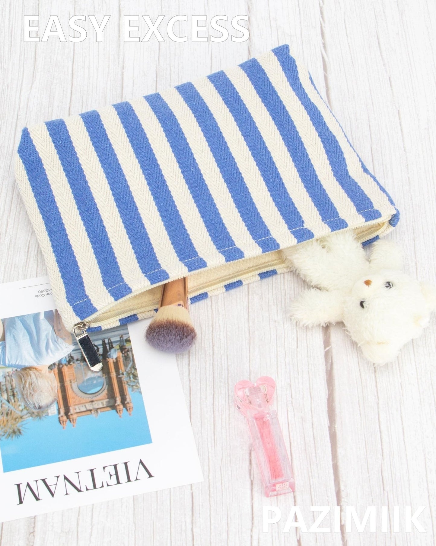 Flat Makeup Bag for Women,Zipper Cosmetic Pouch for Purse,Stripe Blue
