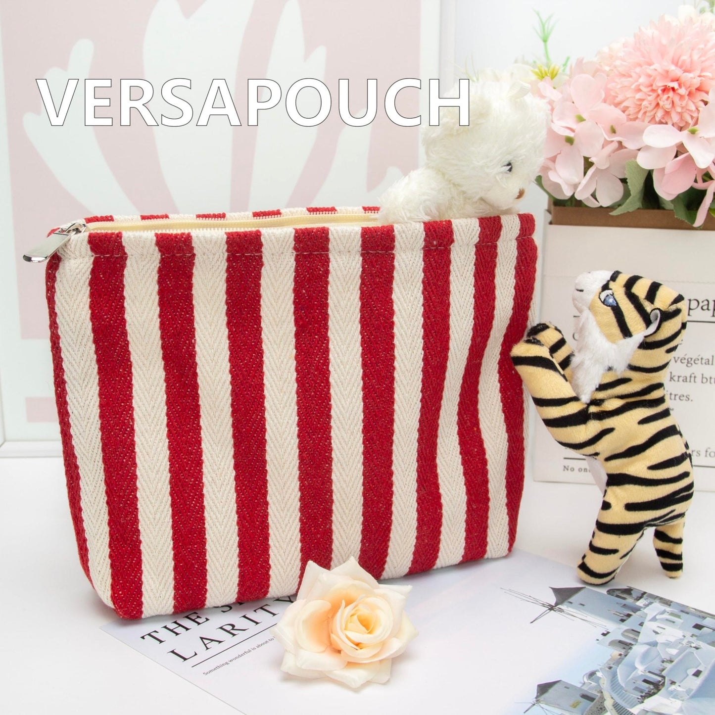 Flat Makeup Bag for Women,Zipper Cosmetic Pouch for Purse,Stripe Red
