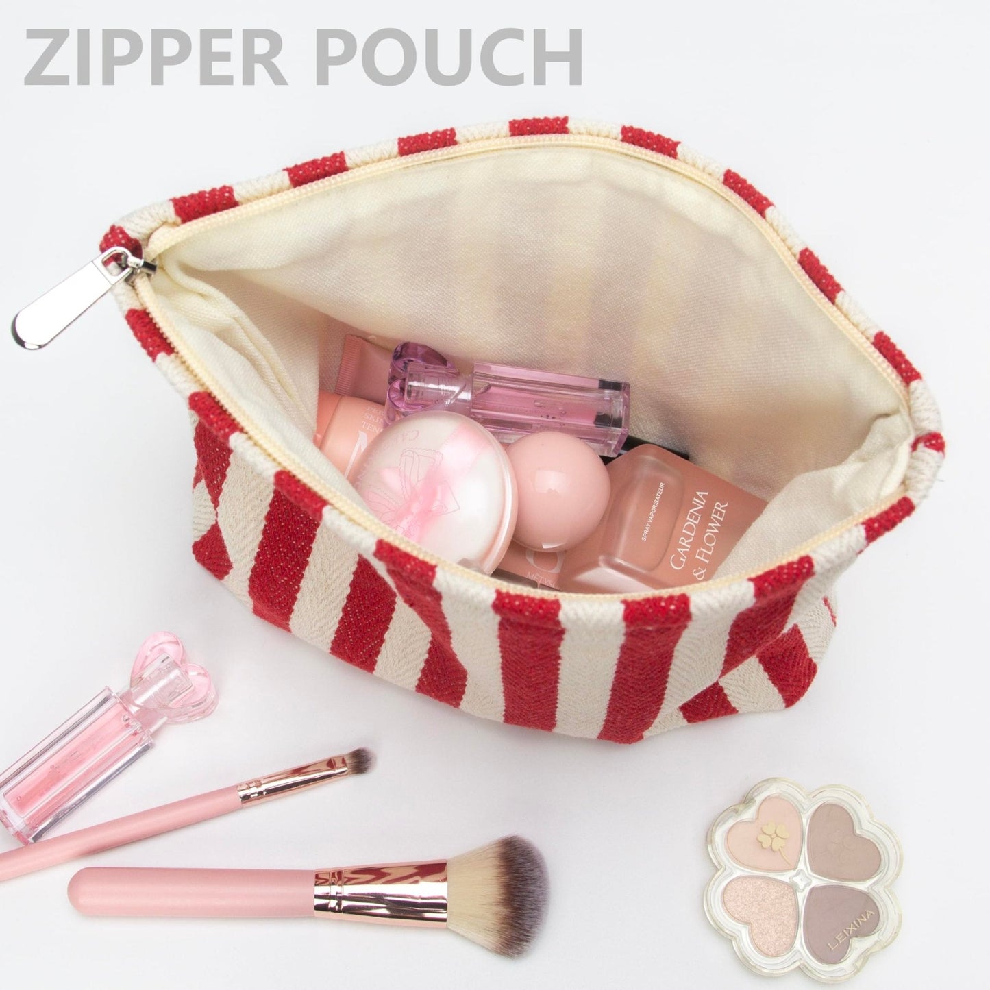 Flat Makeup Bag for Women,Zipper Cosmetic Pouch for Purse,Stripe Red