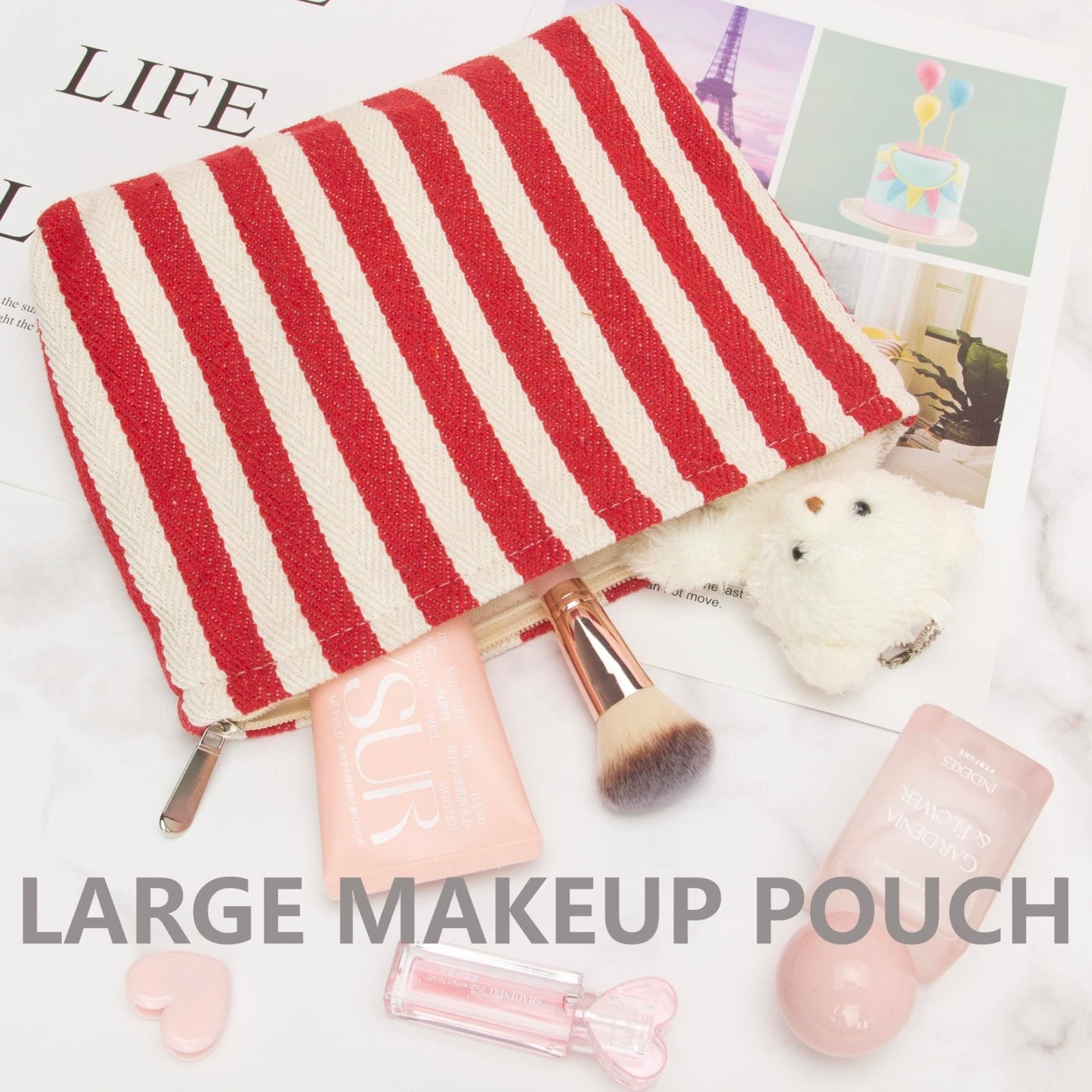 Flat Makeup Bag for Women,Zipper Cosmetic Pouch for Purse,Stripe Red