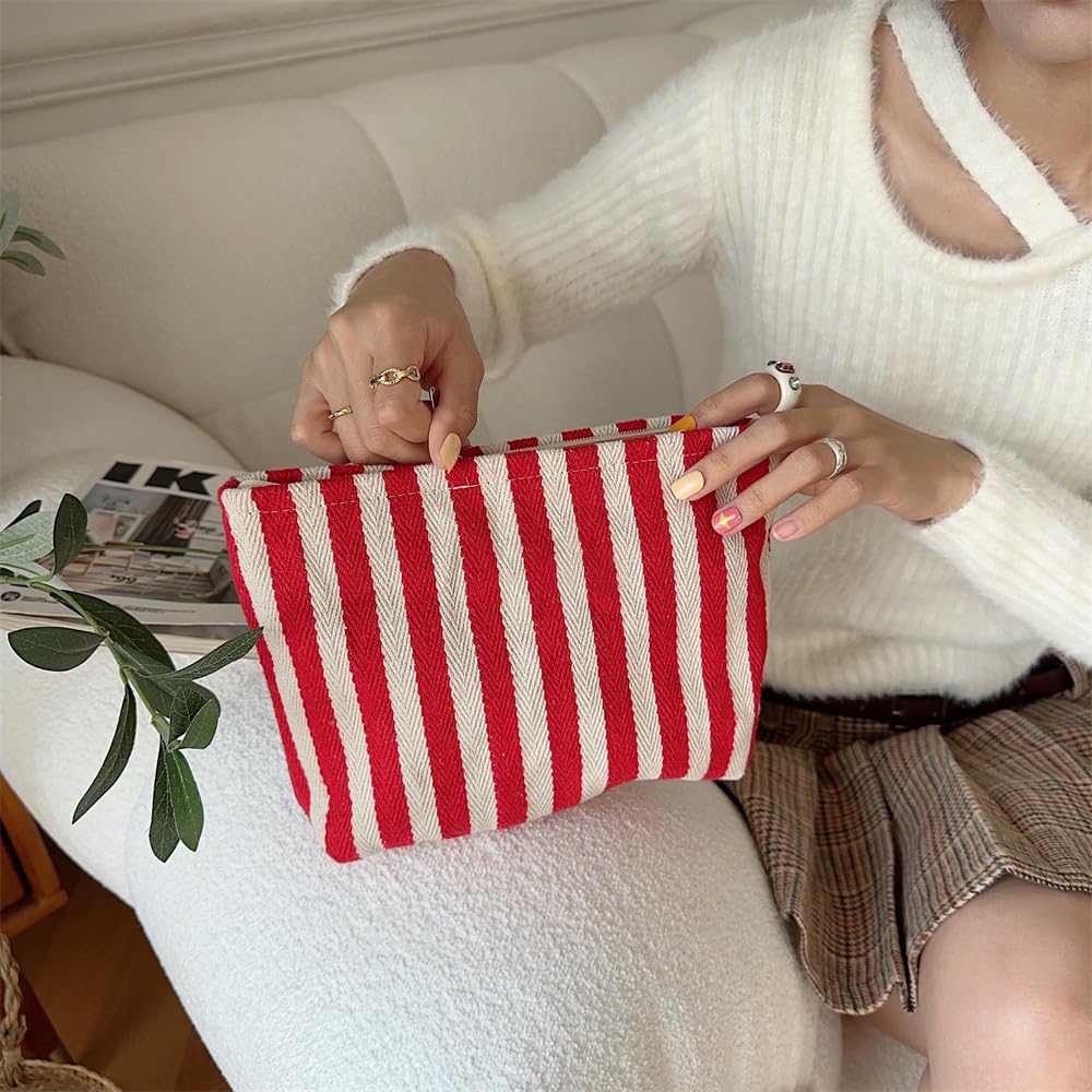 Flat Makeup Bag for Women,Zipper Cosmetic Pouch for Purse,Stripe Red