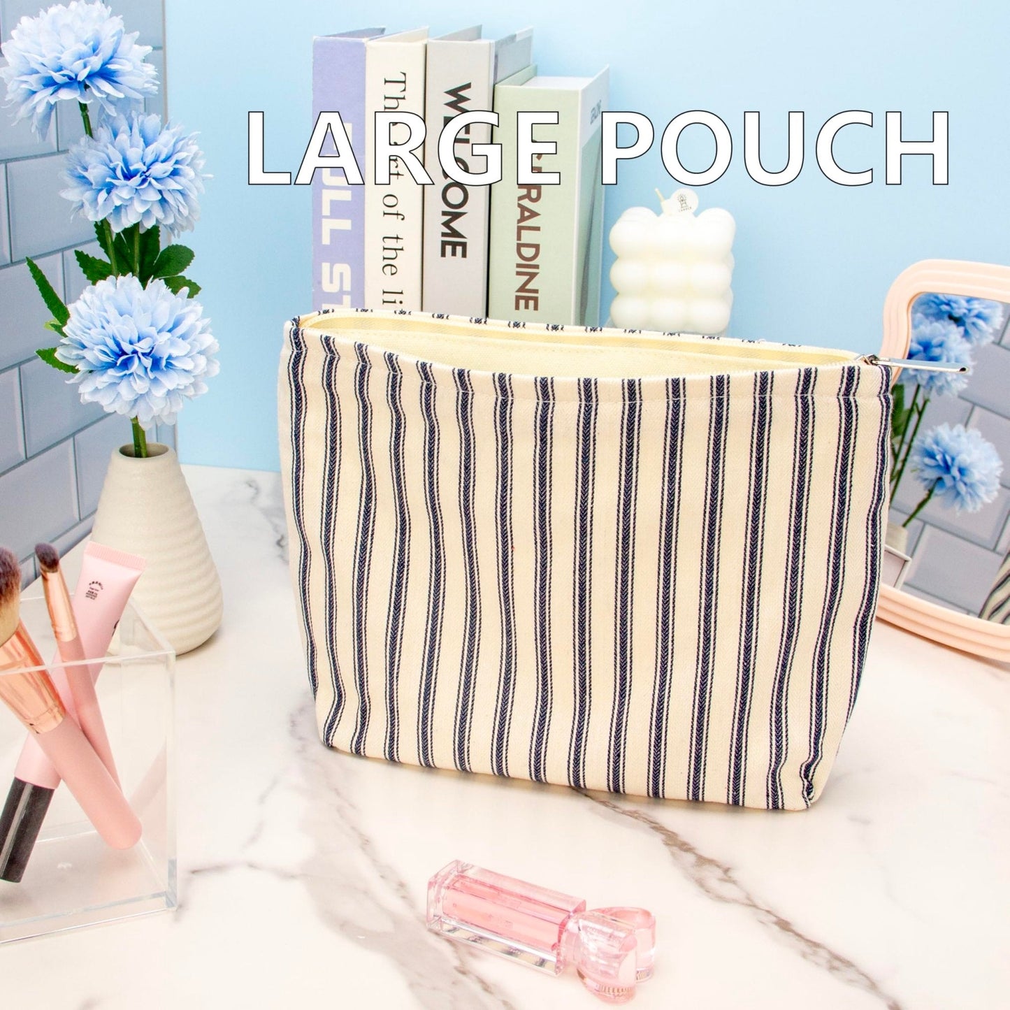 Flat Makeup Bag for Women,Zipper Cosmetic Pouch,Vintage Stripe Navy Blue