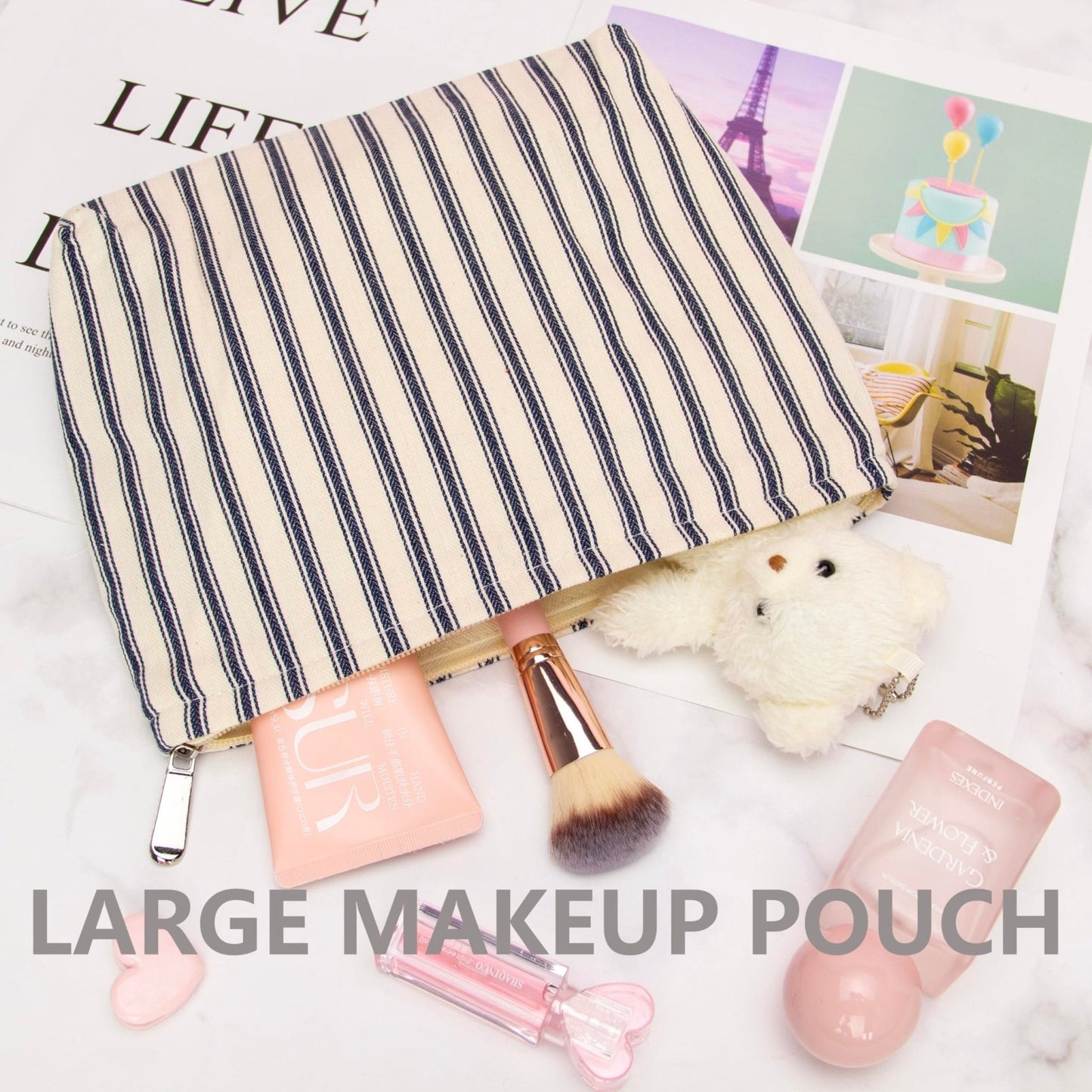Flat Makeup Bag for Women,Zipper Cosmetic Pouch,Vintage Stripe Navy Blue