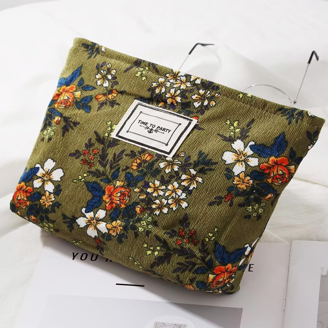Floral Makeup Bags for Women, Large Cosmetic Pouch for Purse, Dark Green
