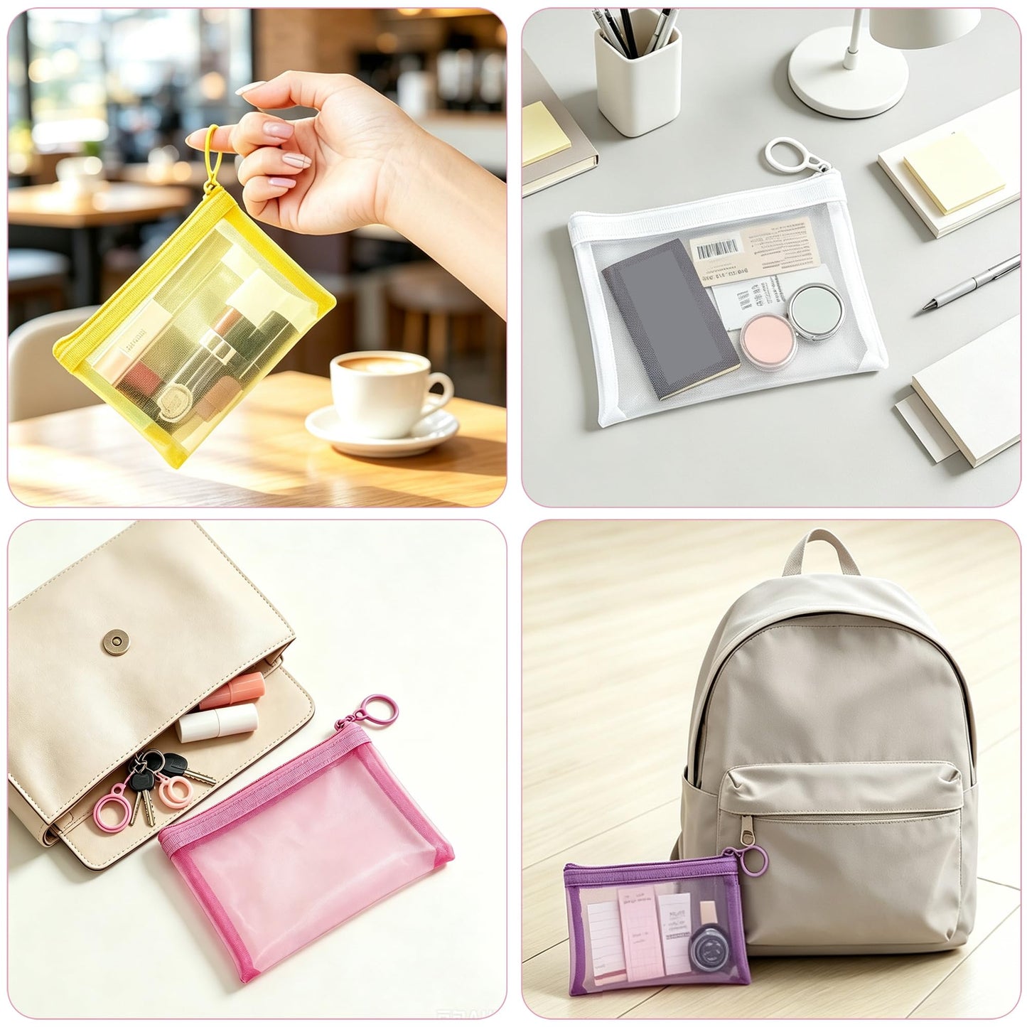 FOHOLA 2 Pack Mini Makeup Bags, Small Mesh Zipper Pouch Bags for Travel Organizer, Purse, Keychain (2, Pink Purple)