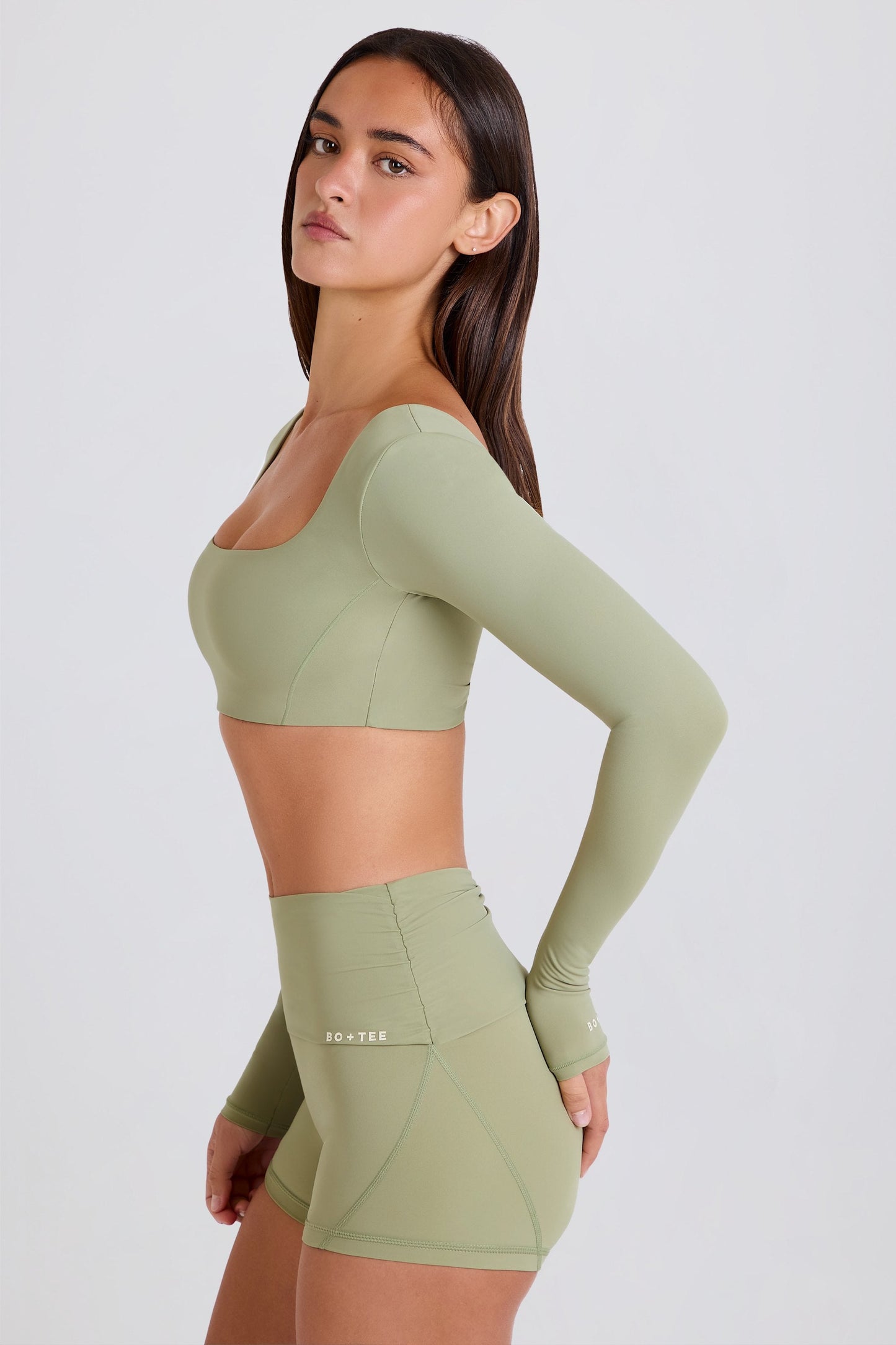 Four-Way Stretch Foldover Mid-Rise Mini Shorts in Matcha
