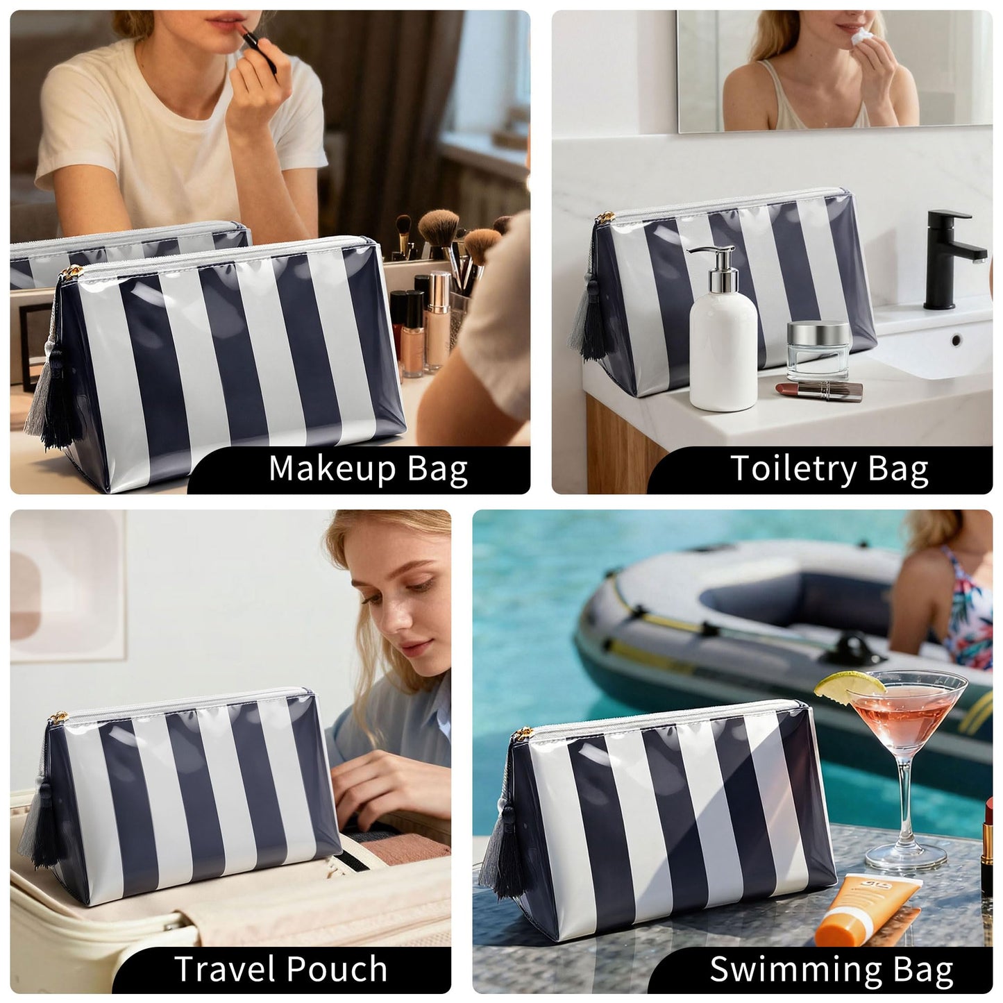 Fozira Makeup Bag for Purse, PVC Toiletry Cosmetic Bags for Women Girls, Waterproof Travel Makeup Bag Organizer Zipper Pouch Beach Summer Vacation Essentials Gifts for Women