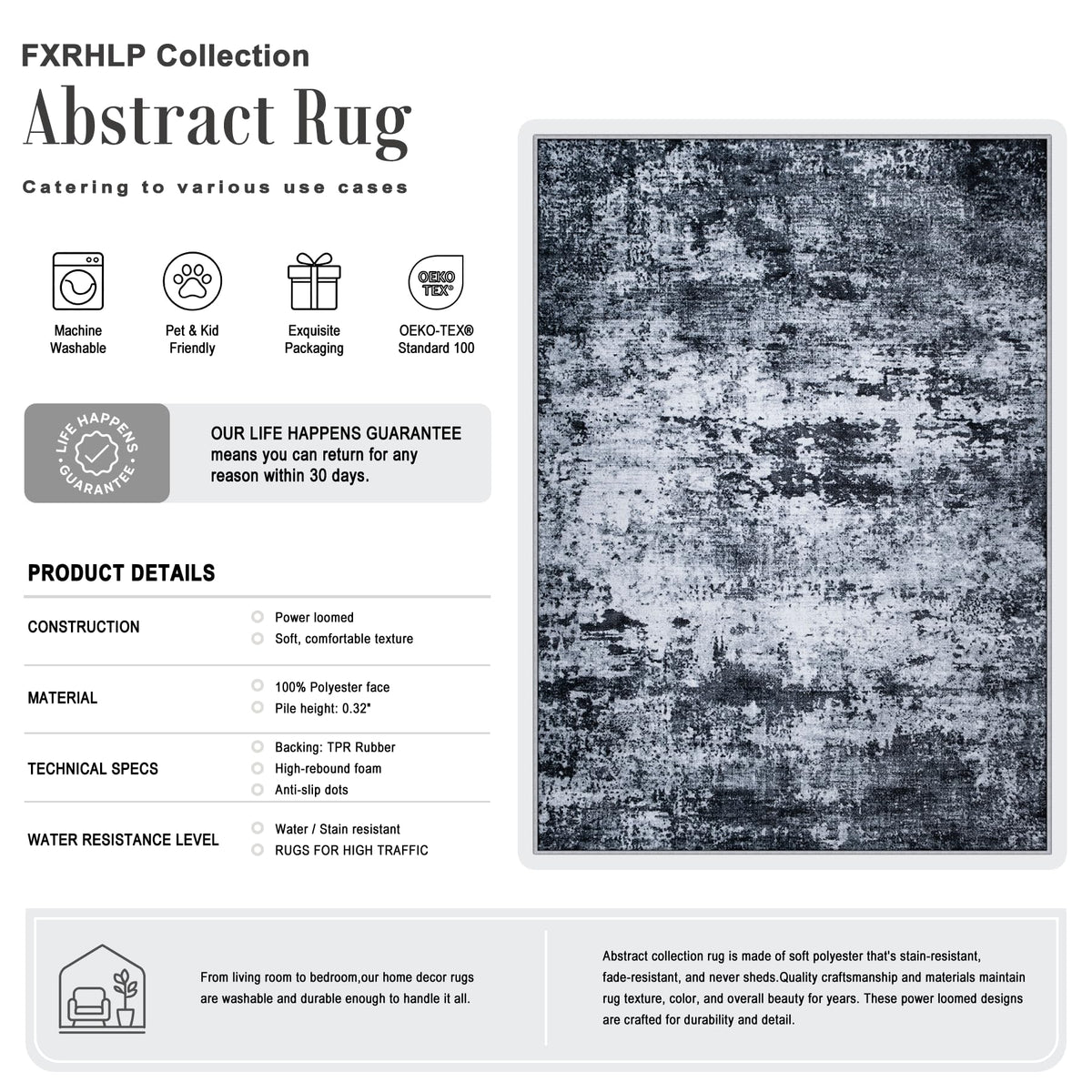 FXRHLP 5x7 Area Rug Living Room: Modern Washable Indoor Carpet Black