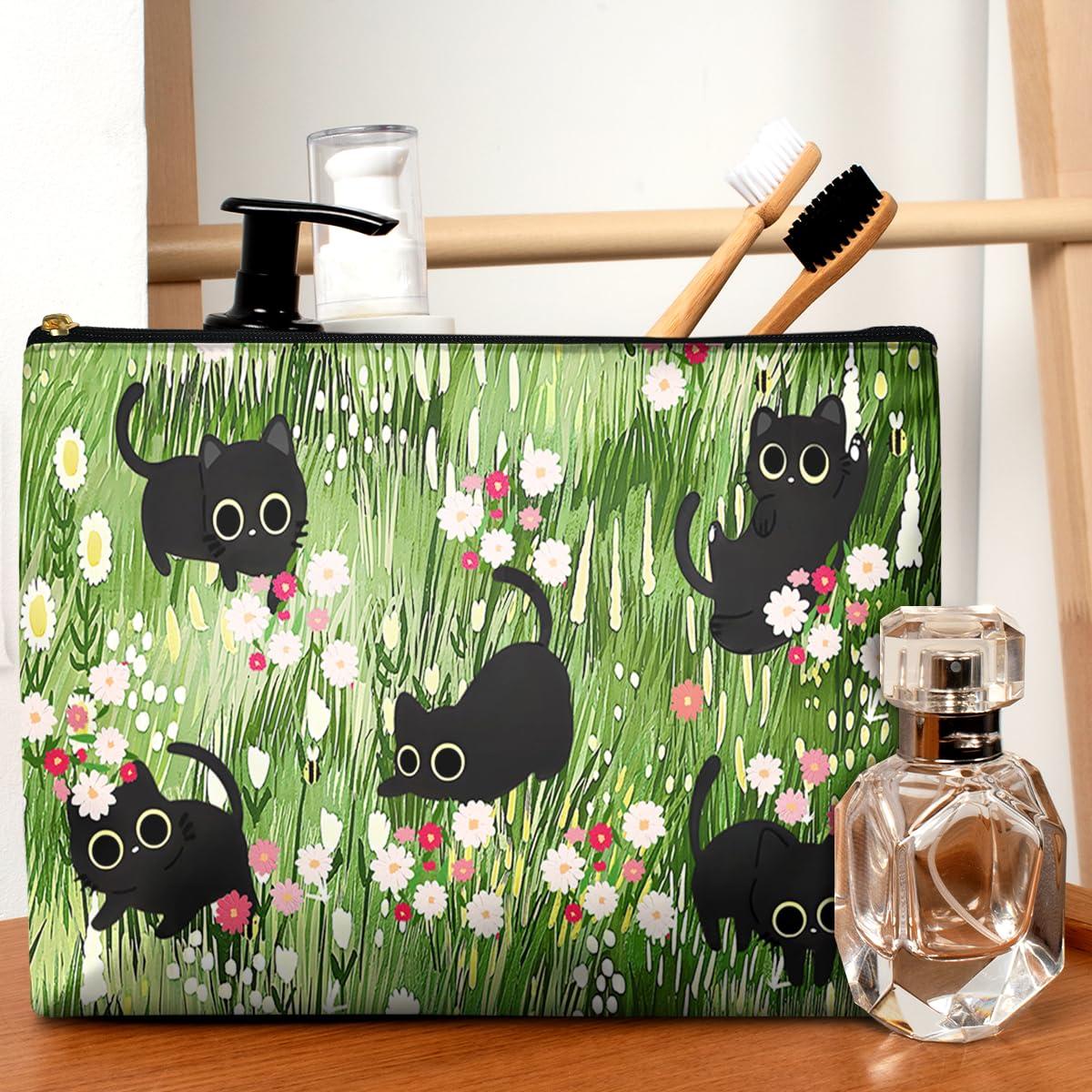 GEGEPINK Cute Makeup Bag for Purse Waterproof Cosmetic Bags for Women Funny Smooth Zipper Travel Toiletry Pouch 10X8 Inches-Black Cat Floral Makeup pouch