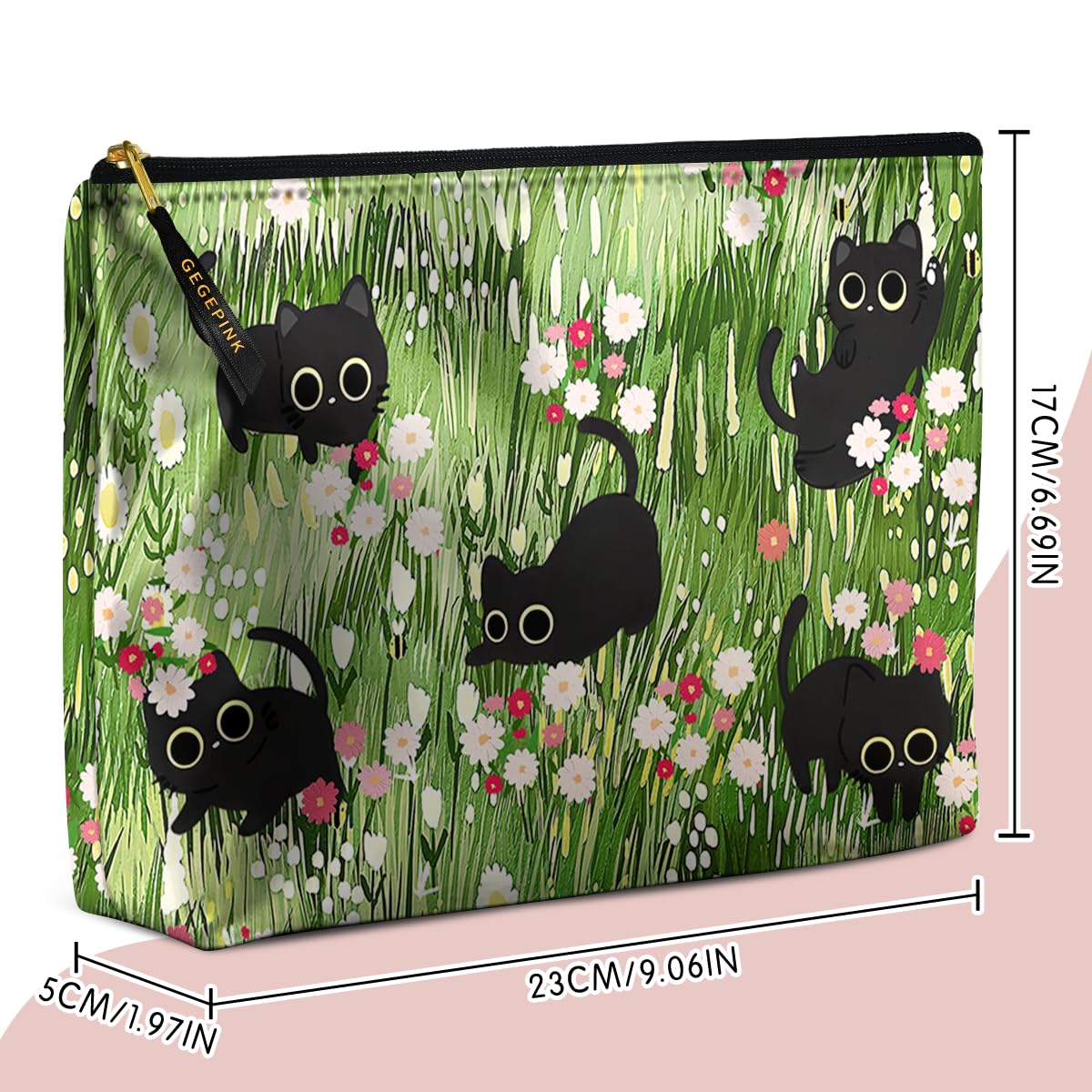 GEGEPINK Cute Makeup Bag for Purse Waterproof Cosmetic Bags for Women Funny Smooth Zipper Travel Toiletry Pouch 10X8 Inches-Black Cat Floral Makeup pouch
