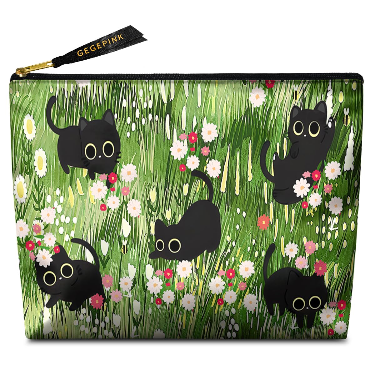 GEGEPINK Cute Makeup Bag for Purse Waterproof Cosmetic Bags for Women Funny Smooth Zipper Travel Toiletry Pouch 10X8 Inches-Black Cat Floral Makeup pouch