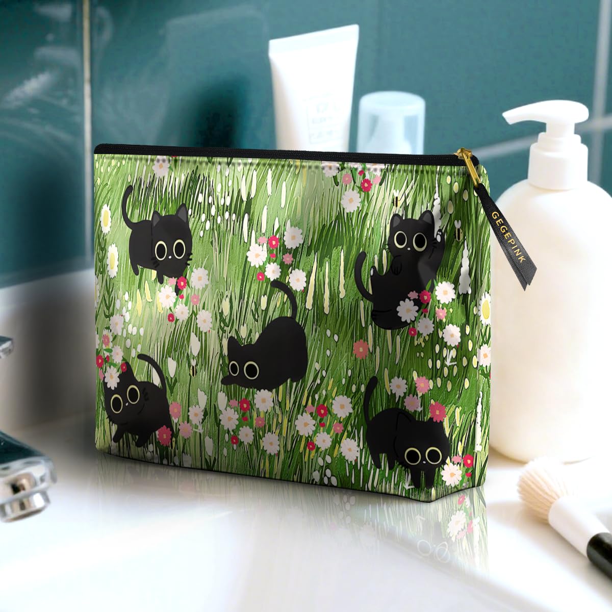 GEGEPINK Cute Makeup Bag for Purse Waterproof Cosmetic Bags for Women Funny Smooth Zipper Travel Toiletry Pouch 10X8 Inches-Black Cat Floral Makeup pouch