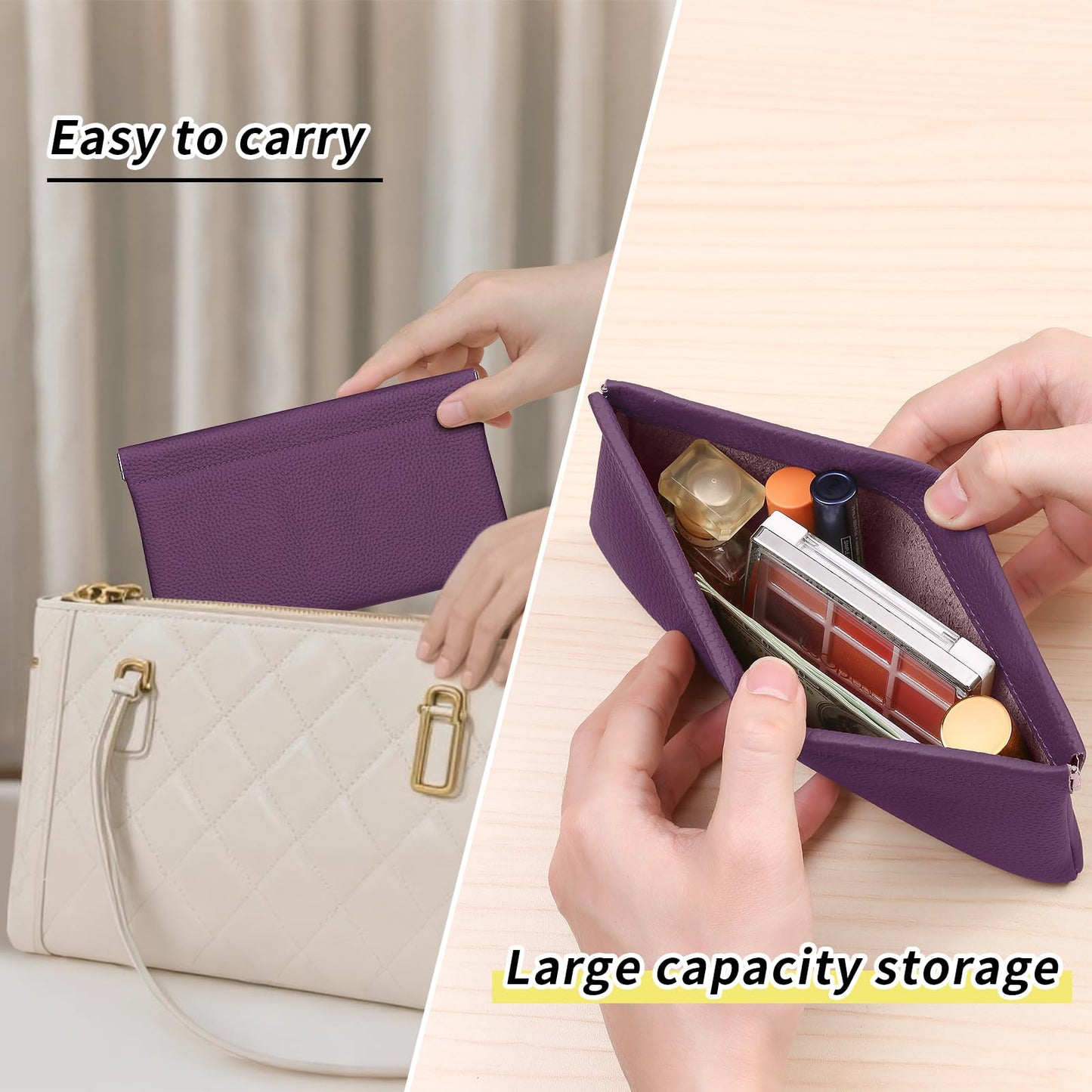 Genuine Leather Pocket Cosmetic Bag for Purse,Coin Purse Lipstick Cosmetic Accessories Travel Pouch for Storage Waterproof Portable No Zipper Self-closing Small Makeup Pouch (Purple)