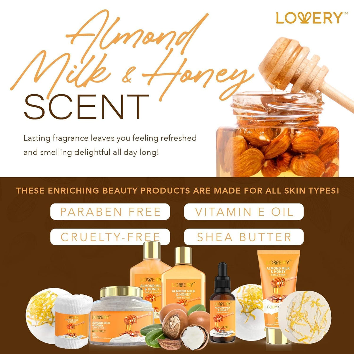 Gifts for Women Gift Basket for Women - 10 Pc Almond Milk & Honey Beauty & Personal Care Set - Home Bath Pampering Package for Relaxing - Spa Self Care Kit - Birthday, Mom, Anniversary Gift