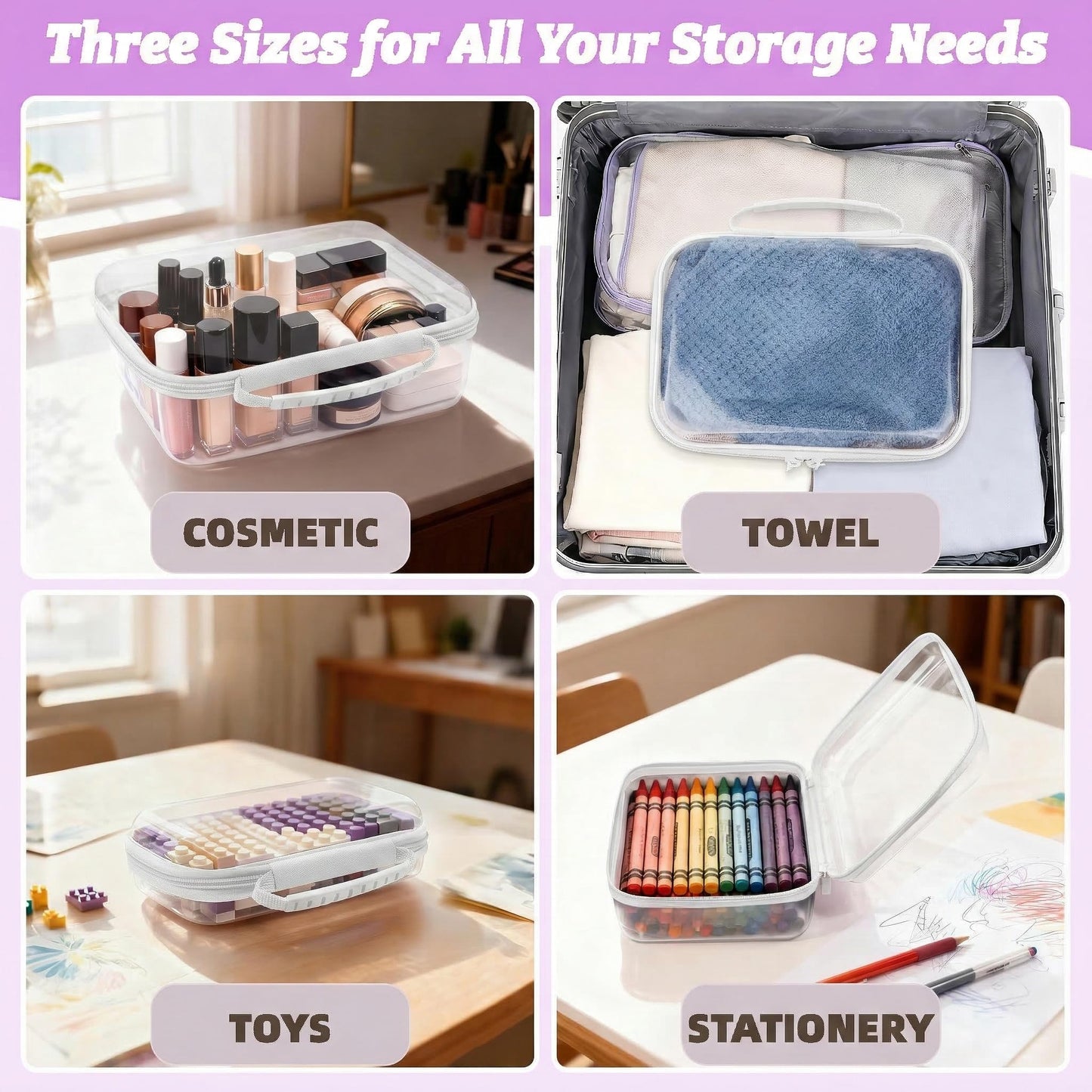GigabitBest 3 Pack Deep Clear Hard Shell Zipper Cases with Handle (White)