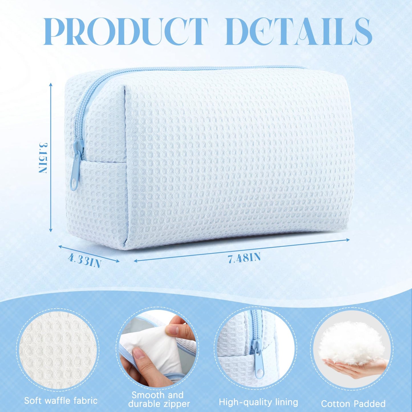 Gilprop 2Pcs Cozy Makeup Bag for Women Portable Travel Waffle Toiletry Bag Wedding Gift Soft Aesthetic Makeup Organizer Large Pouch with Zipper for Bridesmaid Lady Sister Daughter (Blue White,2 Pcs)
