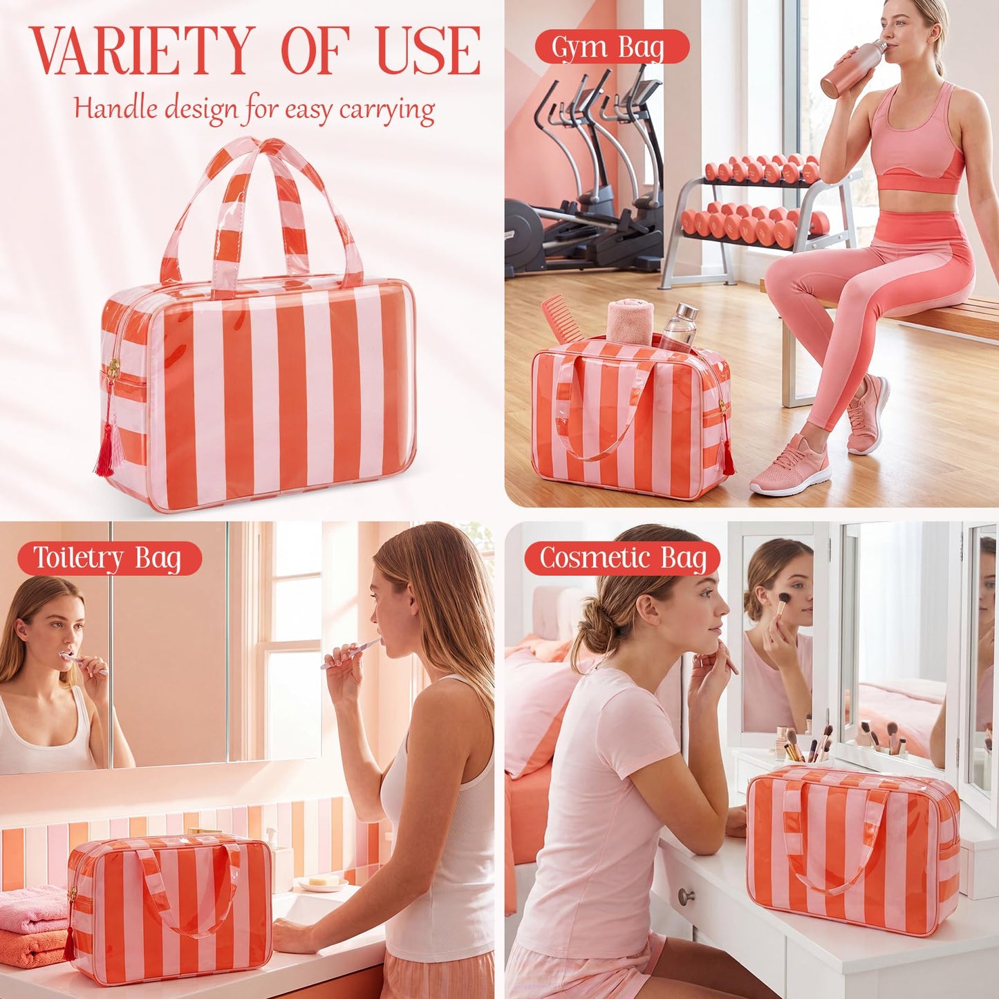 Gilprop 3 Pcs Waterproof Travel Toiletry Bag Clear Coated Stripe Makeup Bag with Handle Portable PVC Large Cosmetic Bags for Women Toiletries Bathroom Essentials Vacation Accessories(Pink-orange)