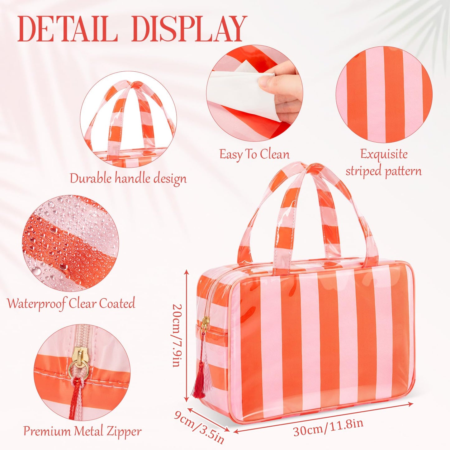 Gilprop 3 Pcs Waterproof Travel Toiletry Bag Clear Coated Stripe Makeup Bag with Handle Portable PVC Large Cosmetic Bags for Women Toiletries Bathroom Essentials Vacation Accessories(Pink-orange)