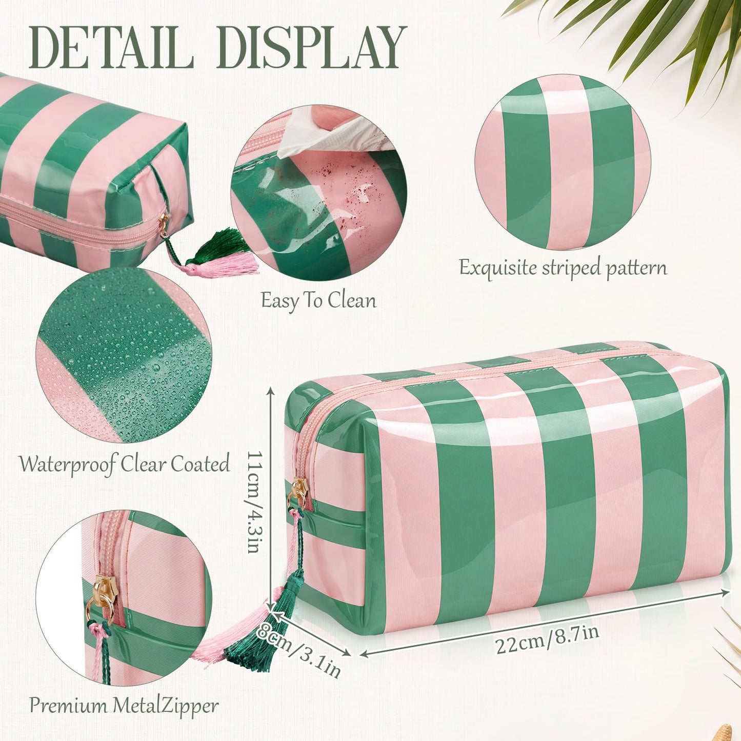Gilprop 6 Pcs Waterproof Striped Makeup Bag Bulk for Women Pink Green PVC Travel Cosmetic Bag with Tassel Clear Coated Toiletry Organizer Beach Zipper Pouch for Pool Bathroom Vacation Bridal Showers