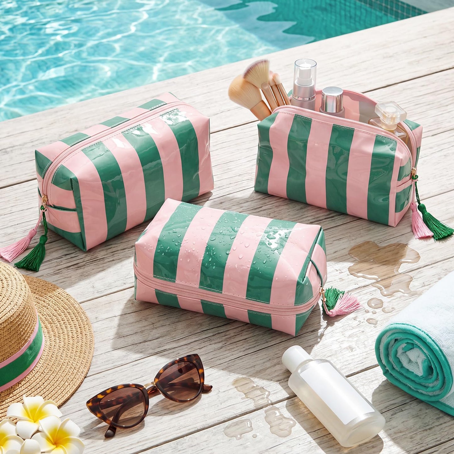 Gilprop 6 Pcs Waterproof Striped Makeup Bag Bulk for Women Pink Green PVC Travel Cosmetic Bag with Tassel Clear Coated Toiletry Organizer Beach Zipper Pouch for Pool Bathroom Vacation Bridal Showers