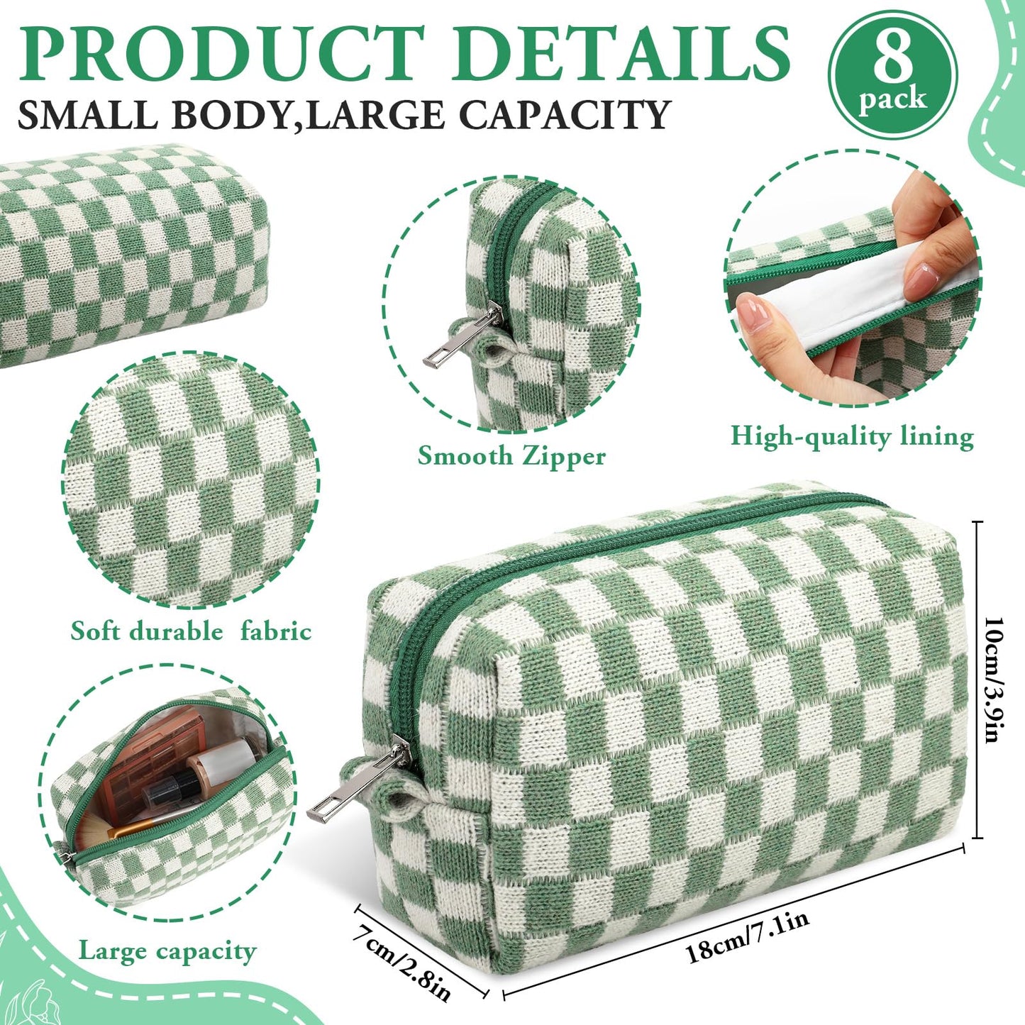 Gilprop 8 Pcs Checkered Makeup Bag Small Cosmetic Pouch Bulk,Green