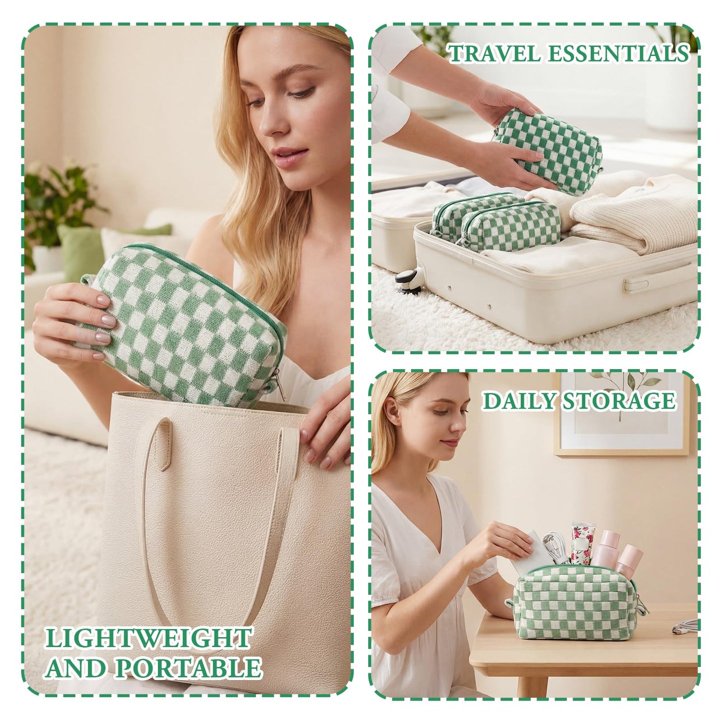 Gilprop 8 Pcs Checkered Makeup Bag Small Cosmetic Pouch Bulk,Green