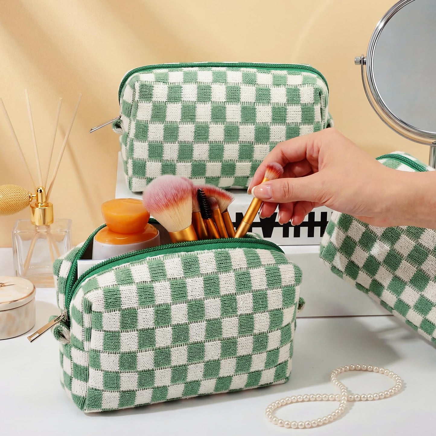 Gilprop 8 Pcs Checkered Makeup Bag Small Cosmetic Pouch Bulk,Green