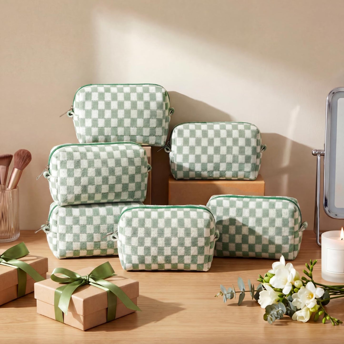 Gilprop 8 Pcs Checkered Makeup Bag Small Cosmetic Pouch Bulk,Green
