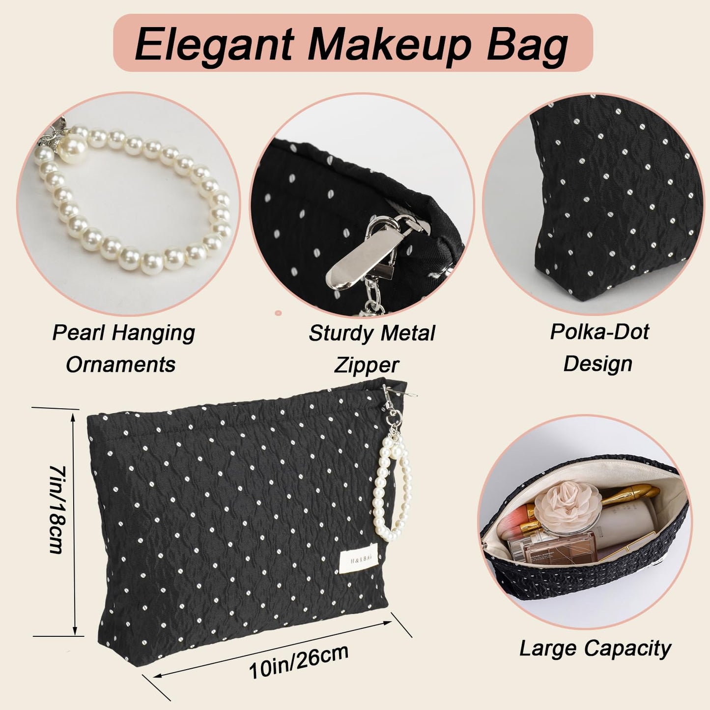 giteo bedding Makeup Bag, Travel Portable Cosmetic Bags for Women Girls, Elegant Polka Dot Make Up Case with Pearl Charm, Large Capacity Toiletry Organizer, Daily Use Pouches for Purse