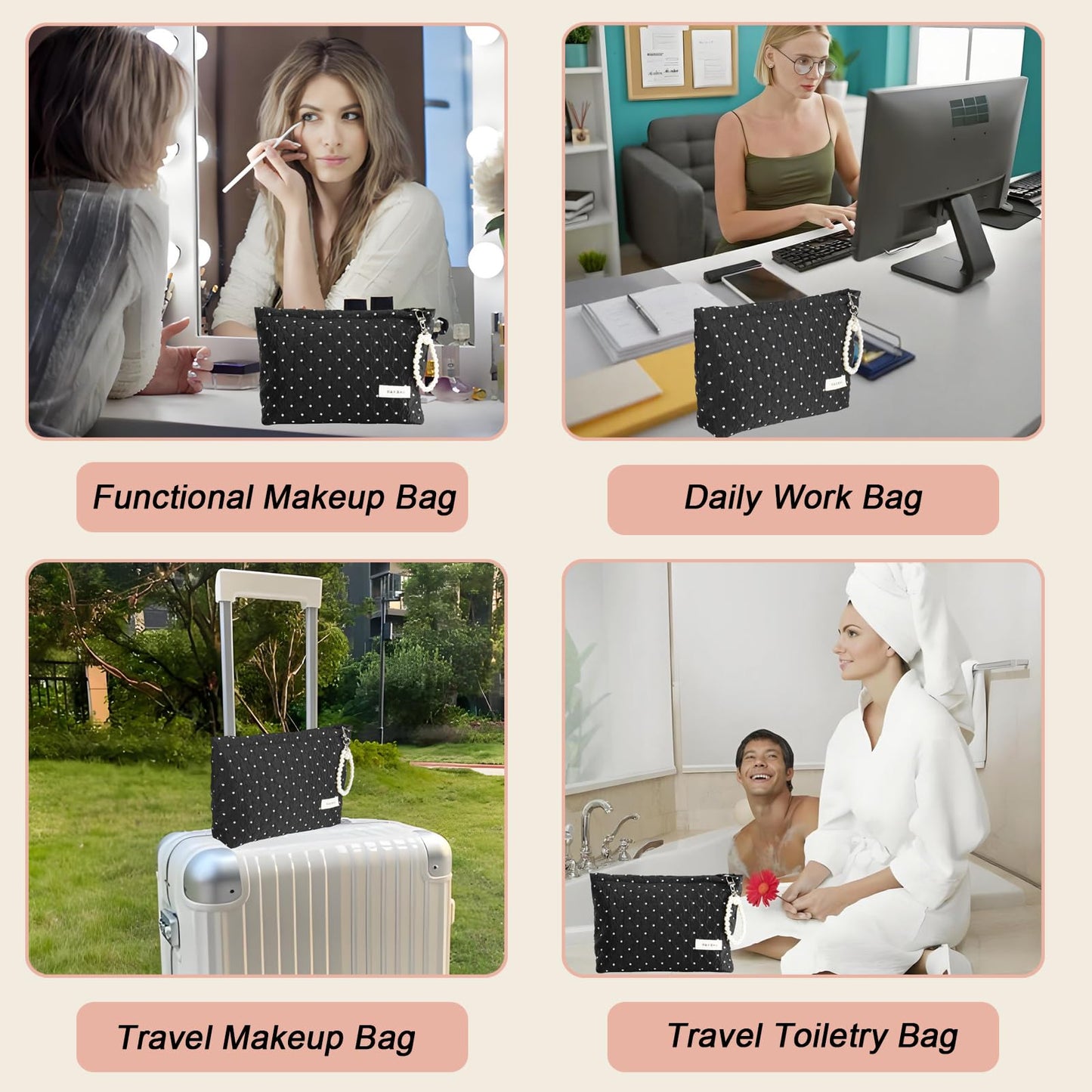 giteo bedding Makeup Bag, Travel Portable Cosmetic Bags for Women Girls, Elegant Polka Dot Make Up Case with Pearl Charm, Large Capacity Toiletry Organizer, Daily Use Pouches for Purse