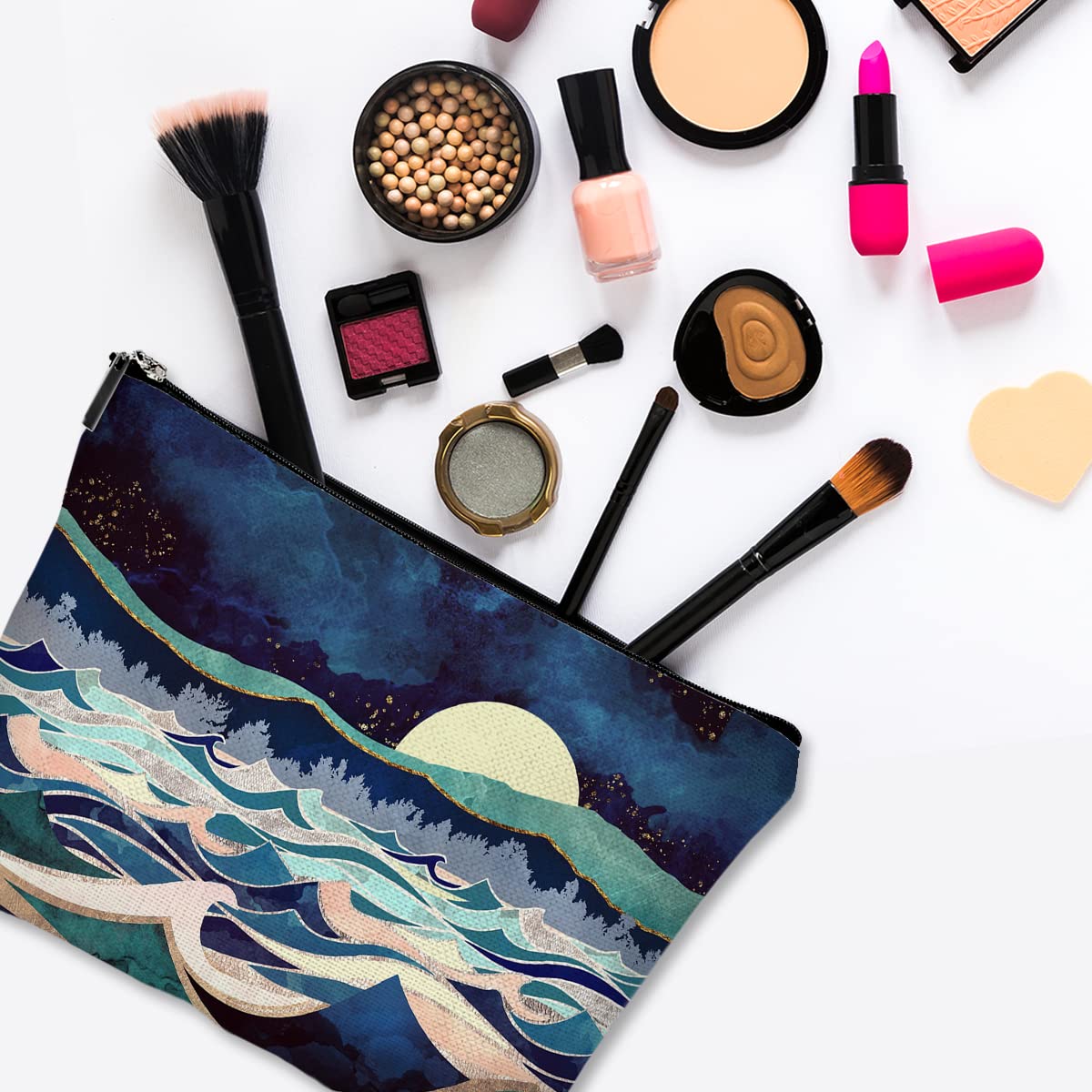 Givotin Cute Makeup Bag for Purse Canvas Waterproof Funny Cosmetic Bags for Women Zipper Travel Toiletry Pouch-Mountain Makeup Bags-Blue