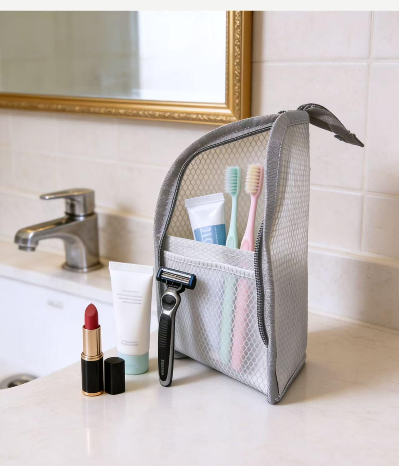 GLLCTLZ Portable 3-Pack Standing Toiletry Bag，Foldable Clear Hanging Travel Cosmetic Bag–Waterproof EVA Mesh, Large Capacity Travel Organizer for Men & Women