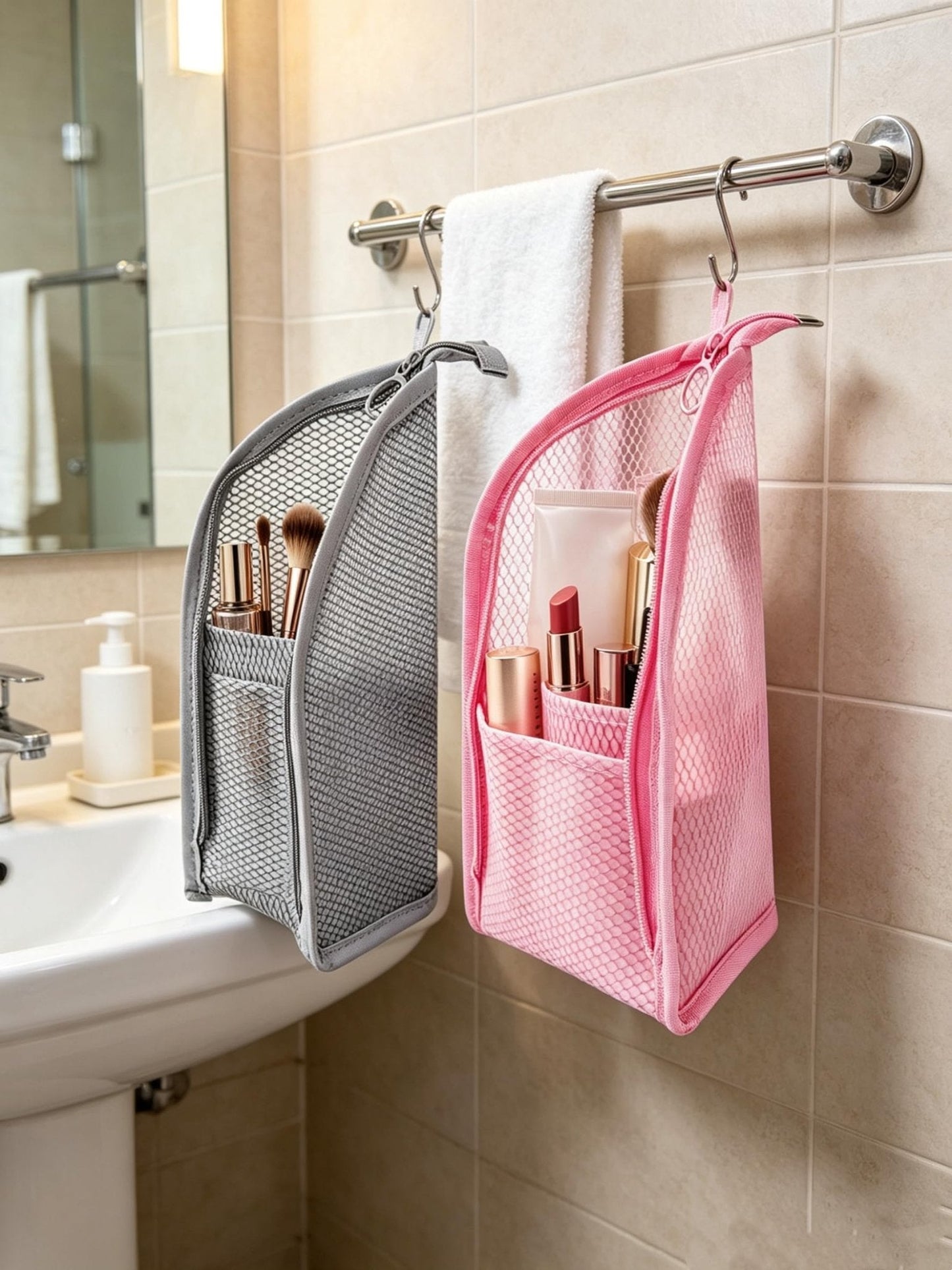 GLLCTLZ Portable 3-Pack Standing Toiletry Bag，Foldable Clear Hanging Travel Cosmetic Bag–Waterproof EVA Mesh, Large Capacity Travel Organizer for Men & Women