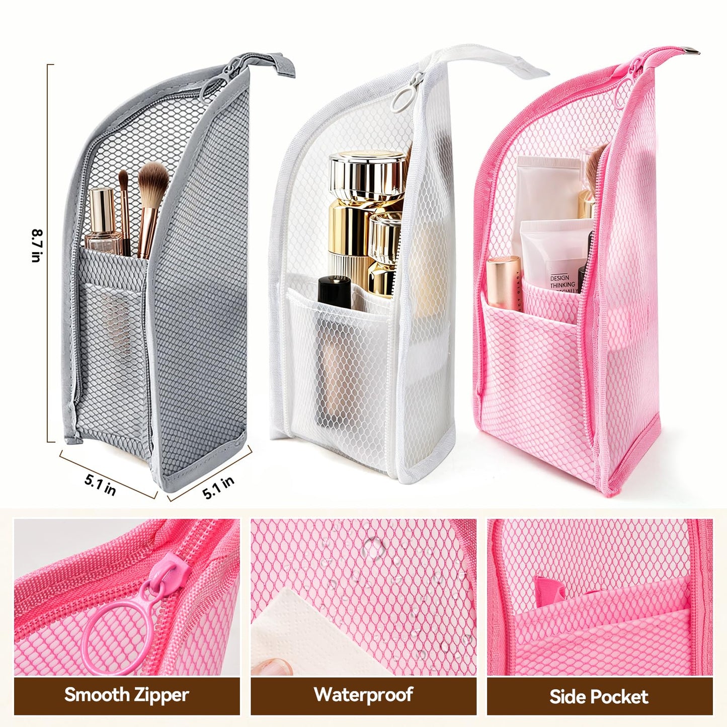GLLCTLZ Portable 3-Pack Standing Toiletry Bag，Foldable Clear Hanging Travel Cosmetic Bag–Waterproof EVA Mesh, Large Capacity Travel Organizer for Men & Women
