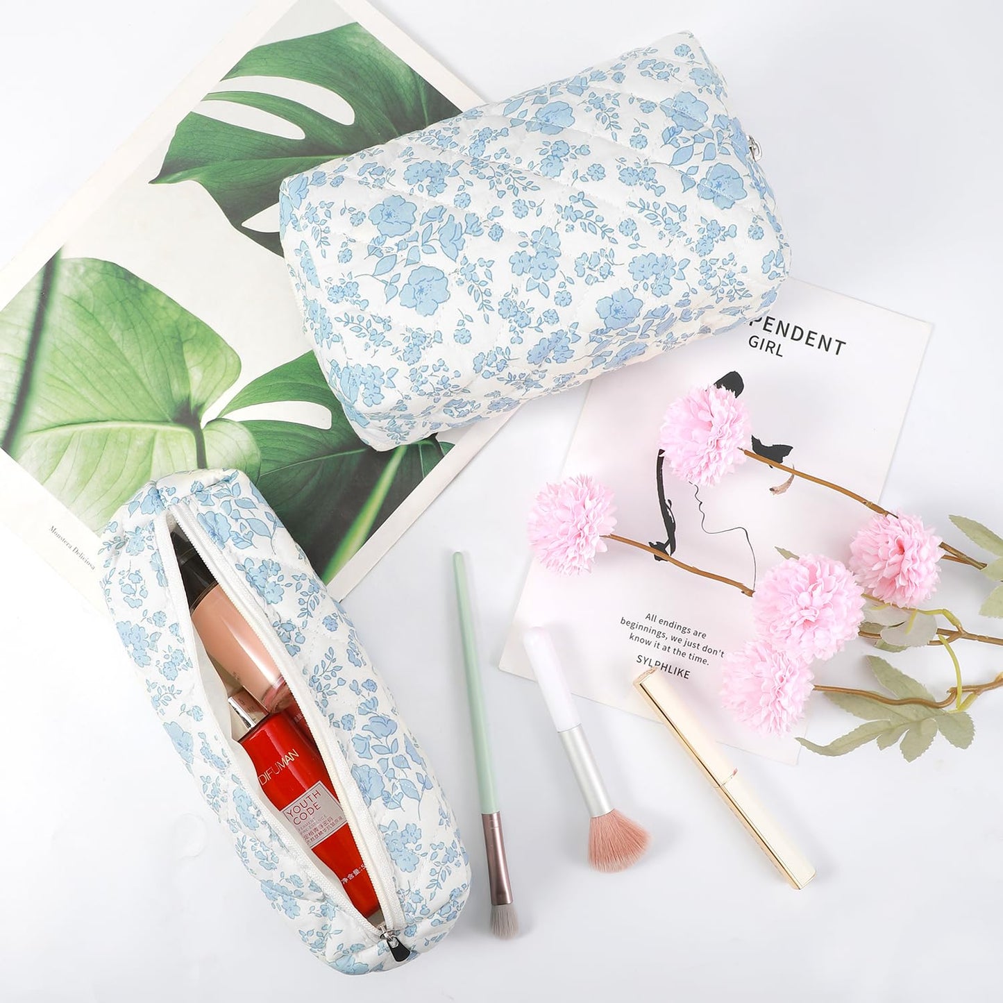 Gocvo 3 Pcs Makeup Bag Cosmetic Bag Set for Girls Women Checkered Travel Organizer Bathroom Toiletry Pouch Large Capacity Storage Bag(Blue Flower)