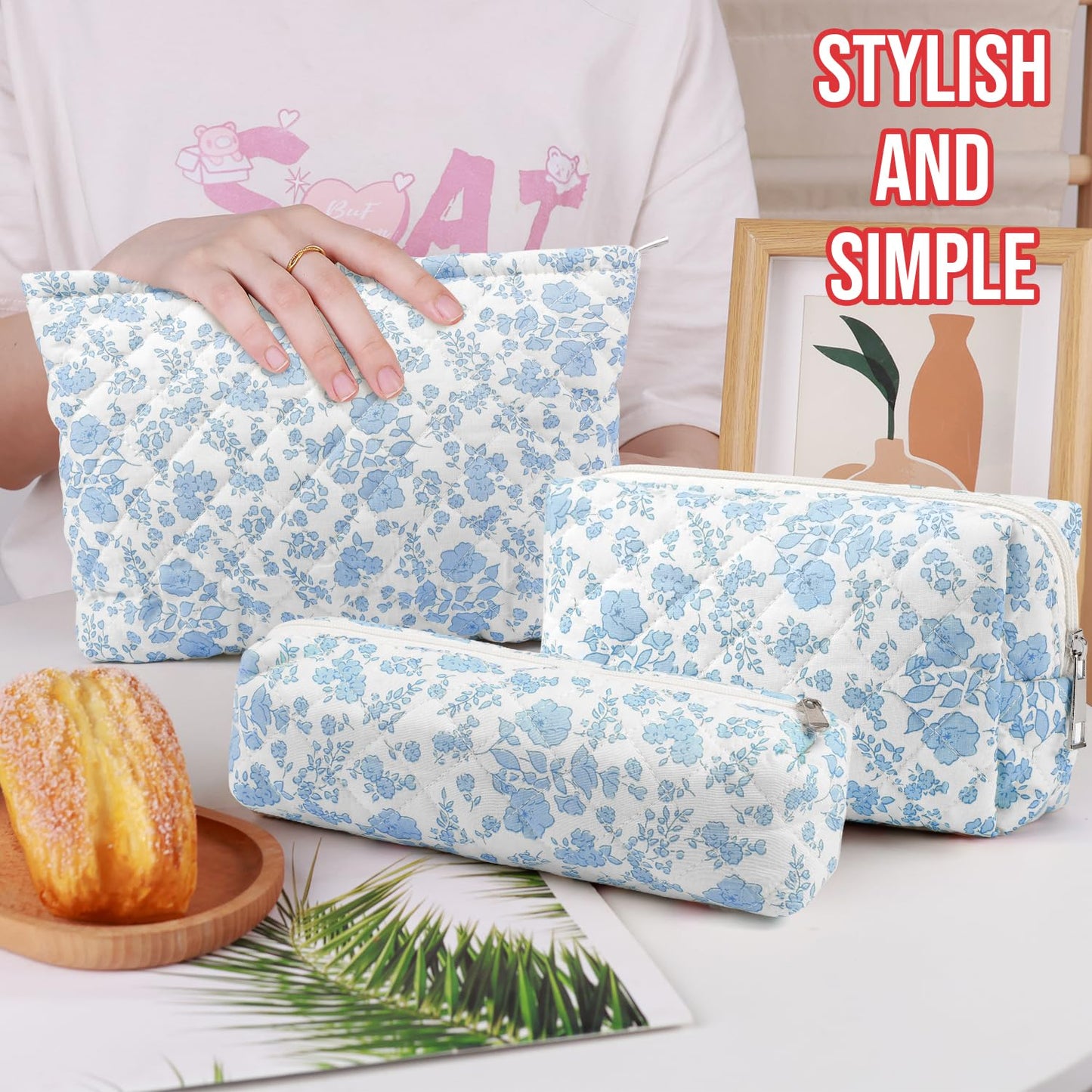 Gocvo 3 Pcs Makeup Bag Cosmetic Bag Set for Girls Women Checkered Travel Organizer Bathroom Toiletry Pouch Large Capacity Storage Bag(Blue Flower)