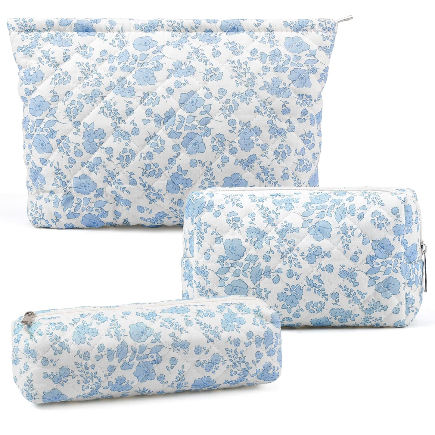 Gocvo 3 Pcs Makeup Bag Cosmetic Bag Set for Girls Women Checkered Travel Organizer Bathroom Toiletry Pouch Large Capacity Storage Bag(Blue Flower)