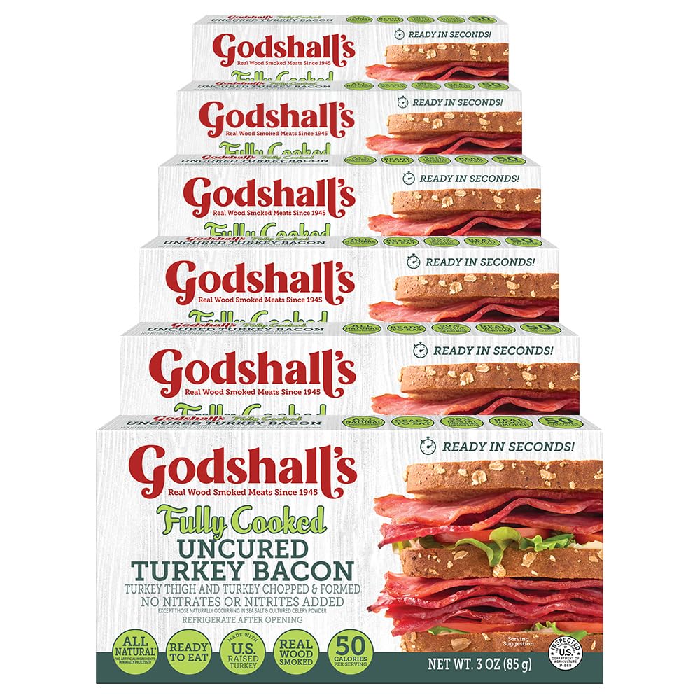 Godshall's 3oz Fully Cooked Uncured Turkey Bacon, 6pk – Real Wood Smoked & All-Natural