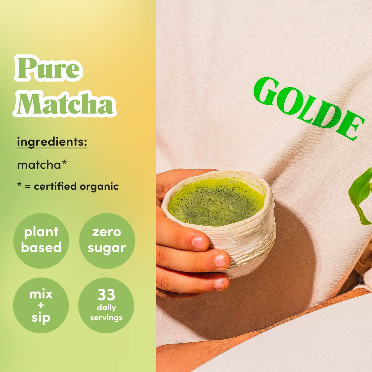 GOLDE Pure Matcha – Ceremonial Grade, 100g Pouch | L-Theanine & Antioxidants | 60mg Caffeine