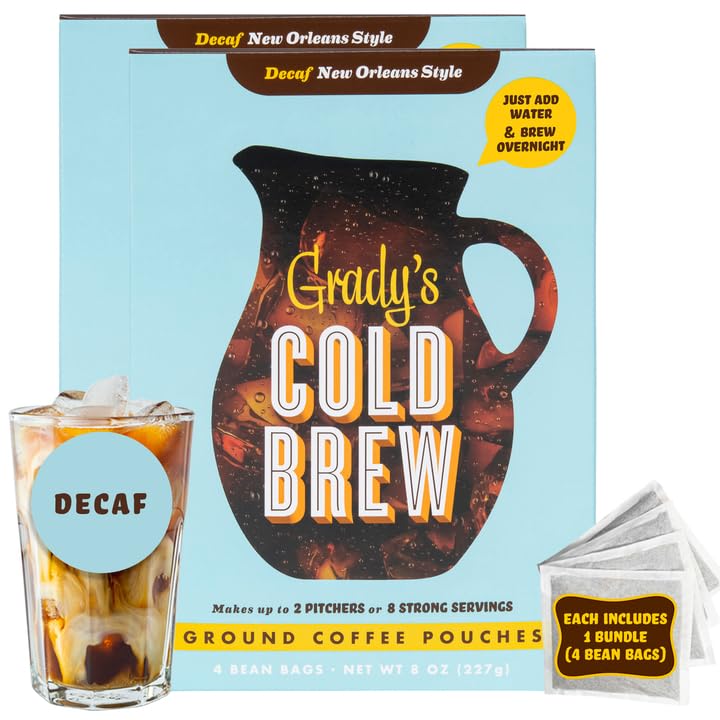 Grady’s Cold Brew New Orleans Style Decaf with Chicory – 24 Drinks, 2 Bundles of 4 Easy-to-Brew Bean Bags