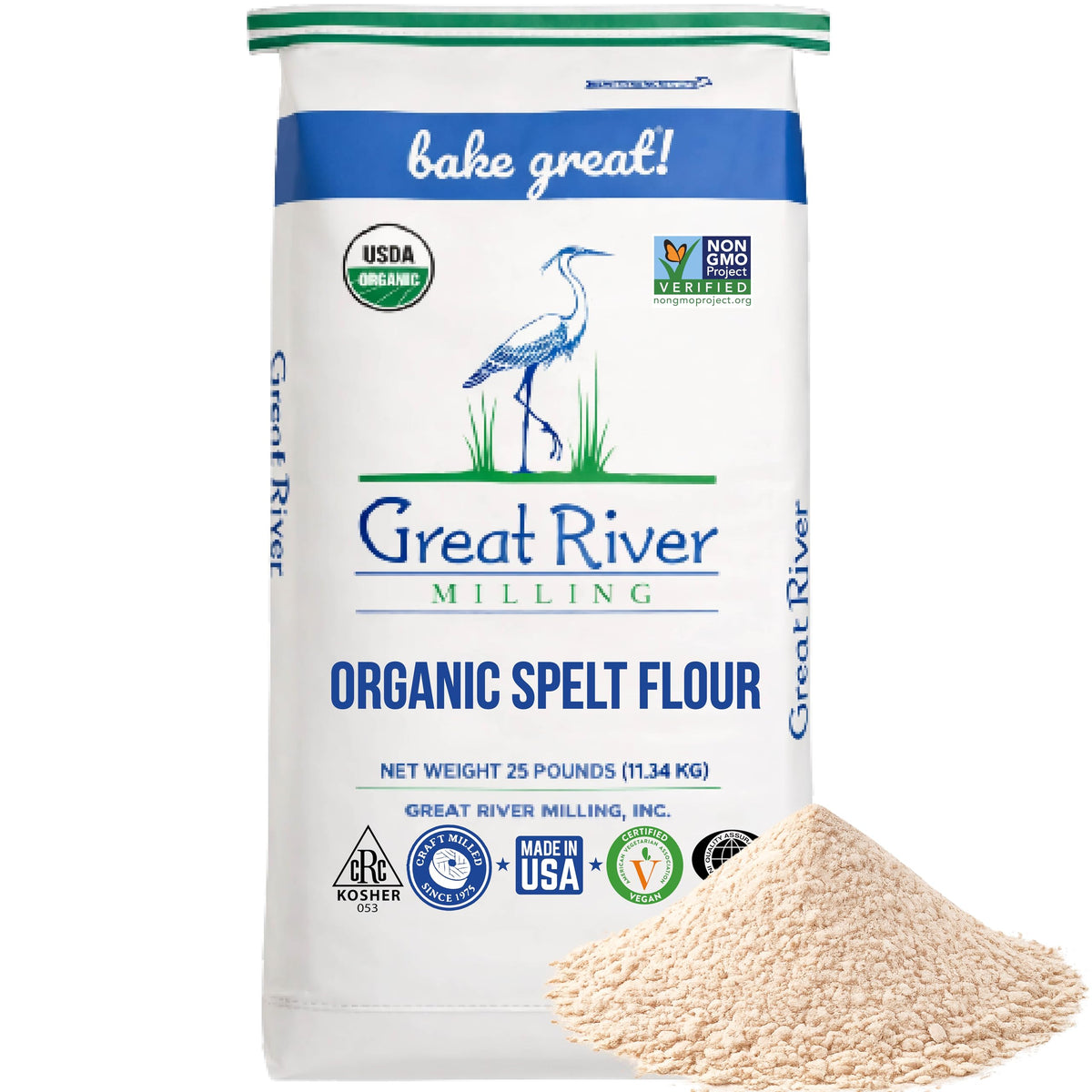 Great River Milling Organic Spelt Flour | 25 lb – USDA Organic, Non-GMO, Kosher | High Fiber, Mild Nutty Flavor | Ideal for Breads, Muffins & More
