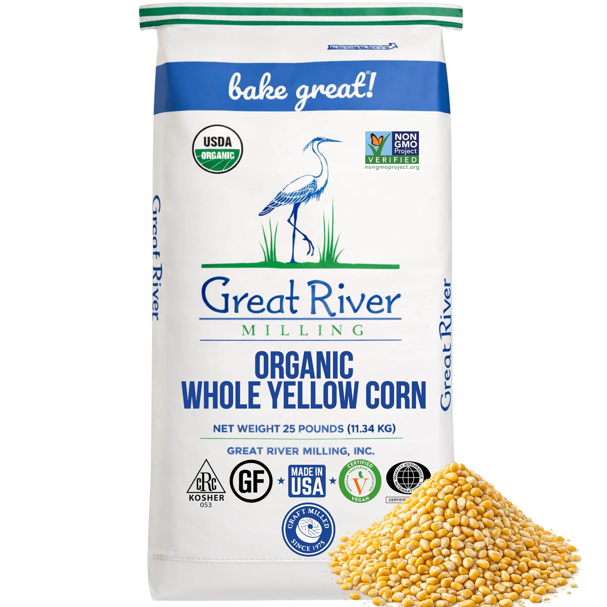 Great River Milling Organic Whole Corn (25 lb) — For Cornmeal, Grits & Baking | USDA Organic, Non-GMO, Kosher